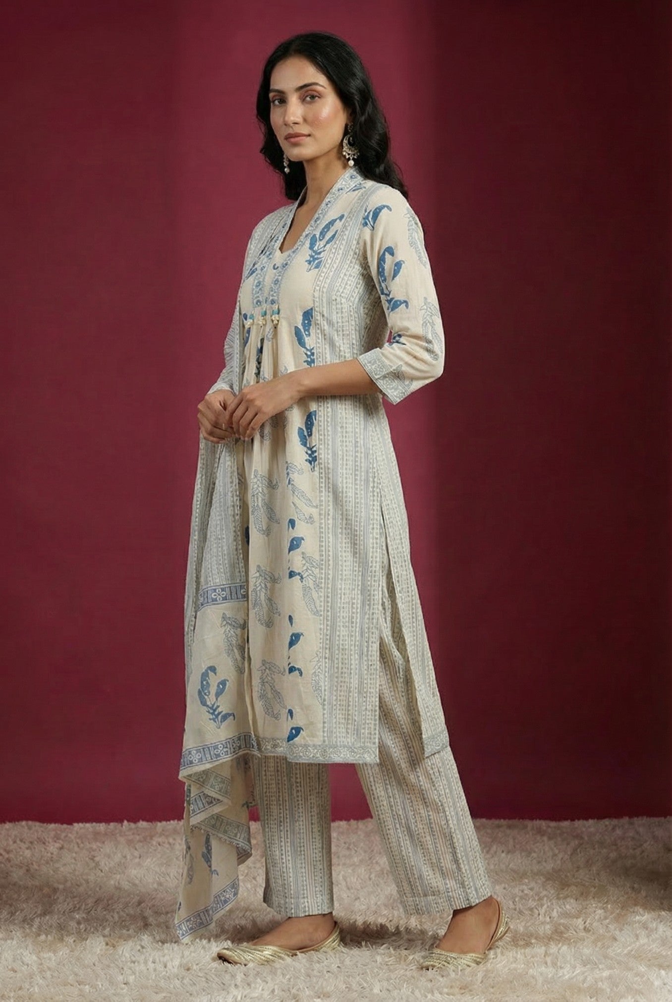 White Printed Anarkali Cotton Suit Set