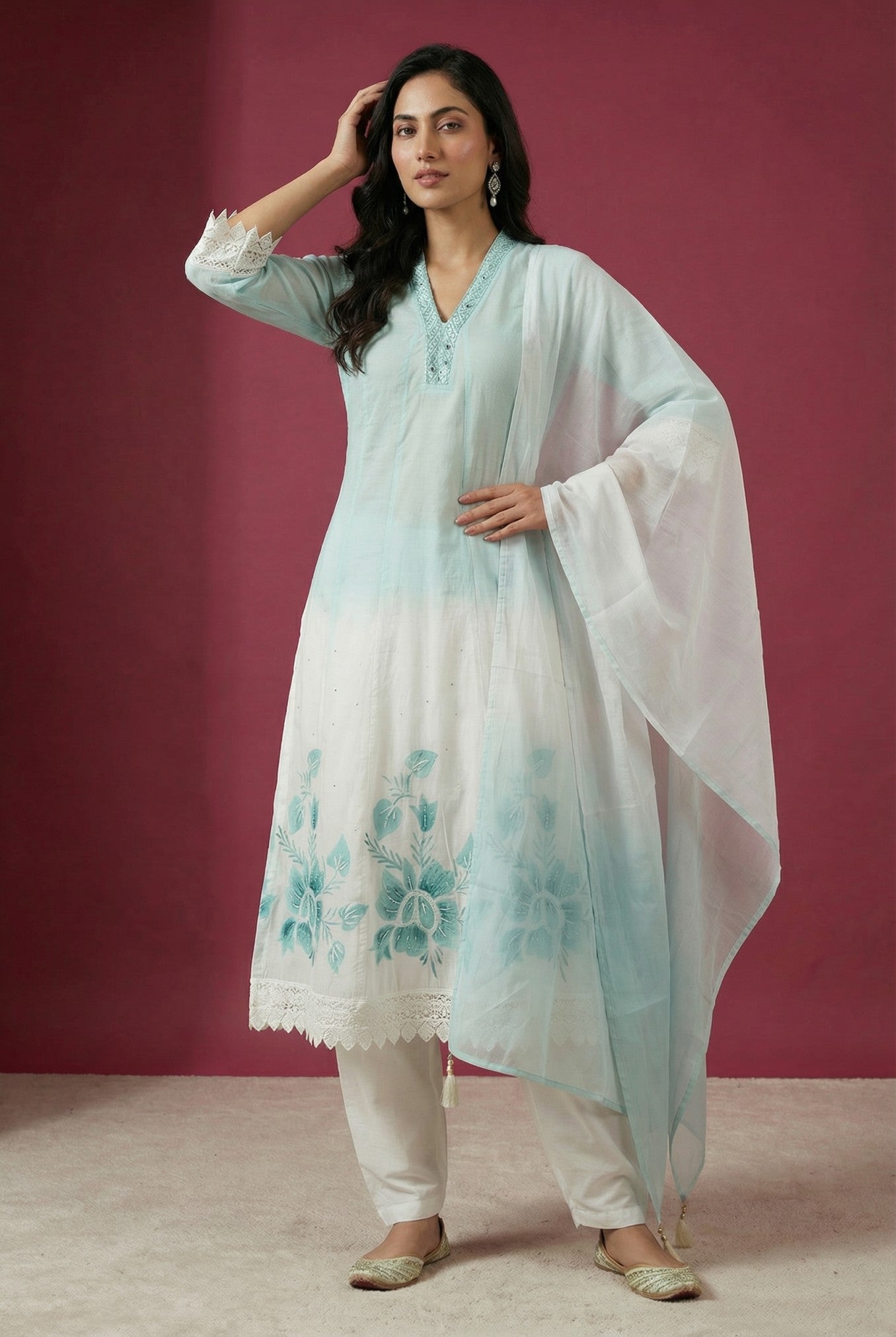 Shaded Green Cotton Suit Set With Dupatta