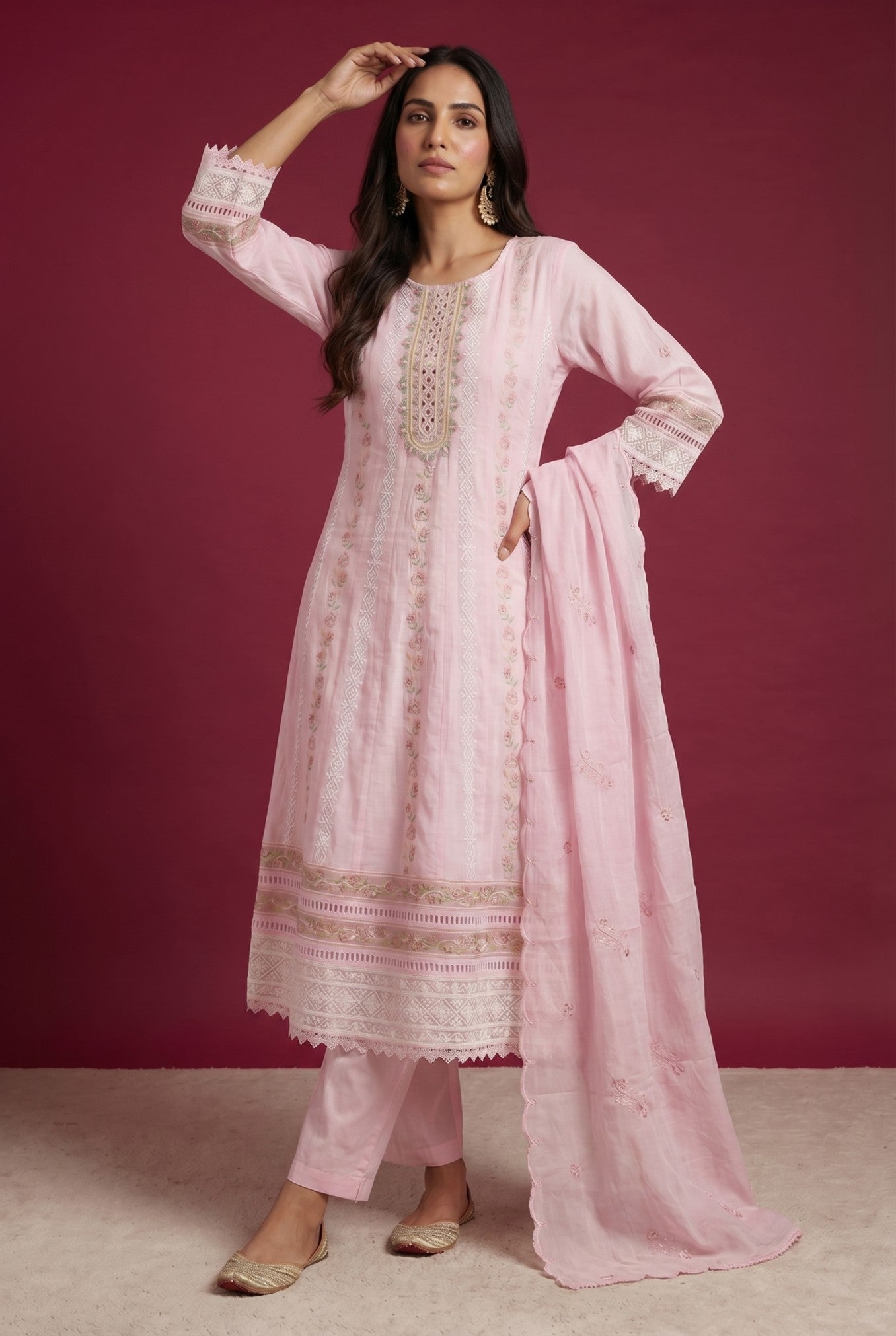 Baby Pink Cotton Embroidered Suit Set With Dupatta