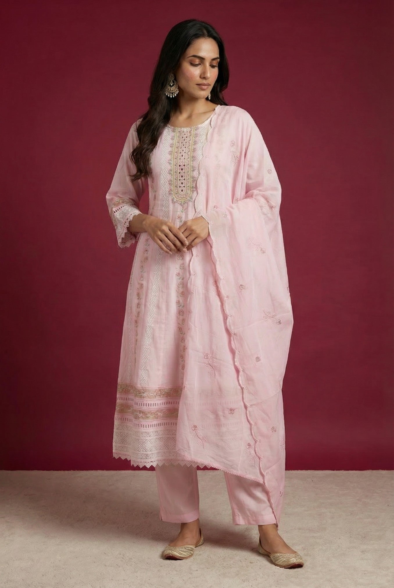 Baby Pink Cotton Embroidered Suit Set With Dupatta
