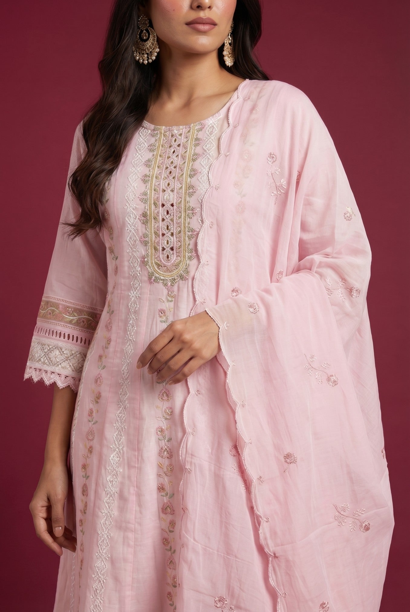 Baby Pink Cotton Embroidered Suit Set With Dupatta