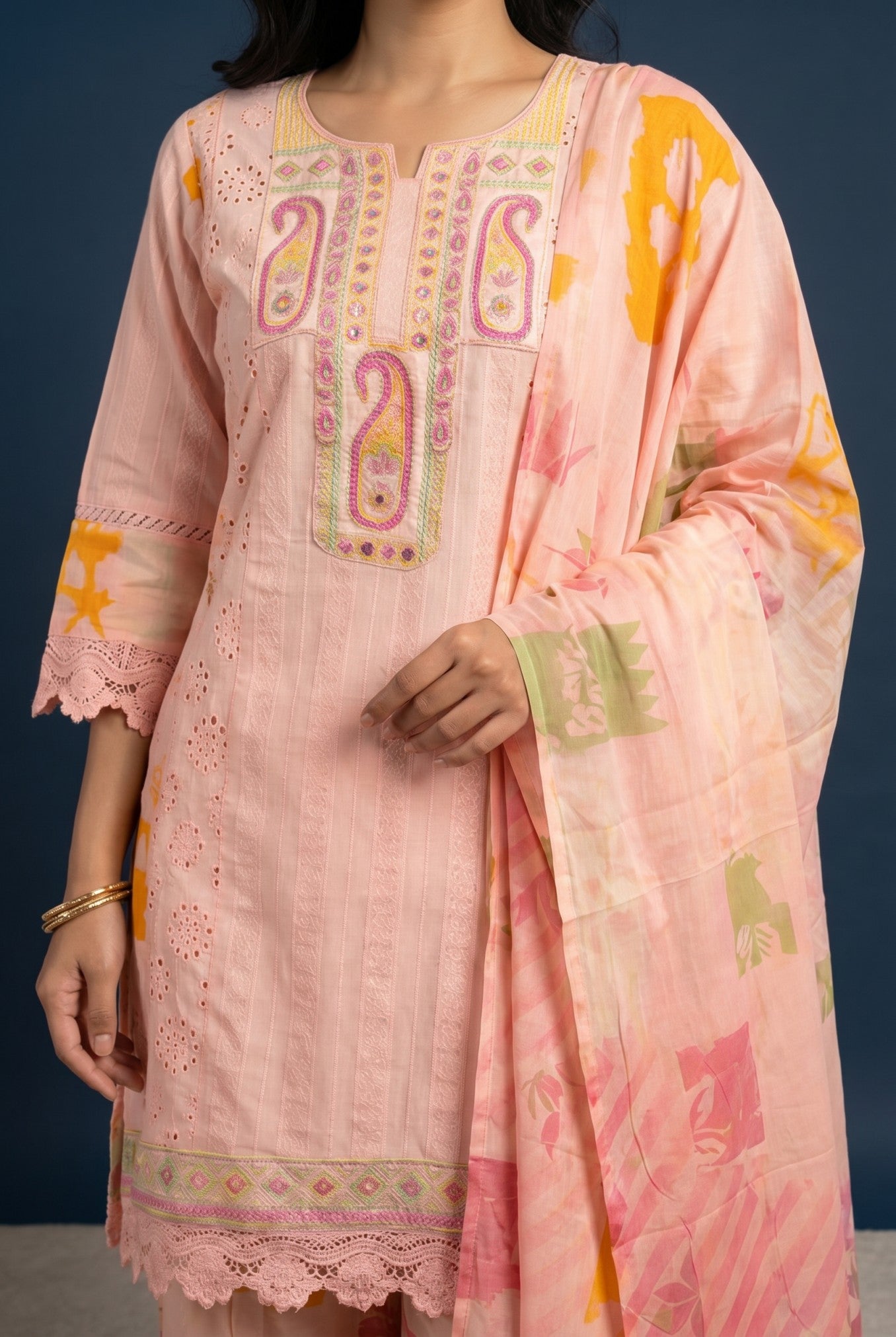 Baby Pink Cotton Printed Suit Set With Dupatta