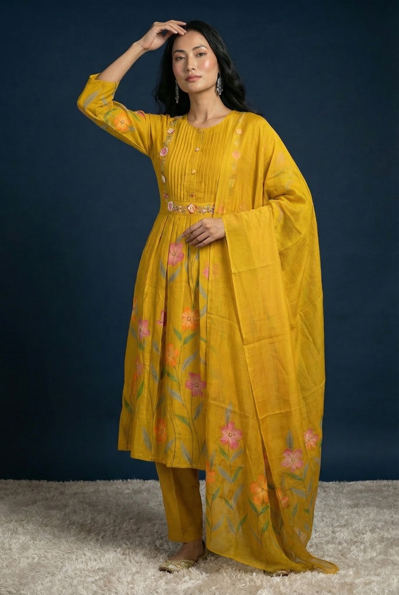 Yellow Embroidered Cotton Anarkali With Dupatta