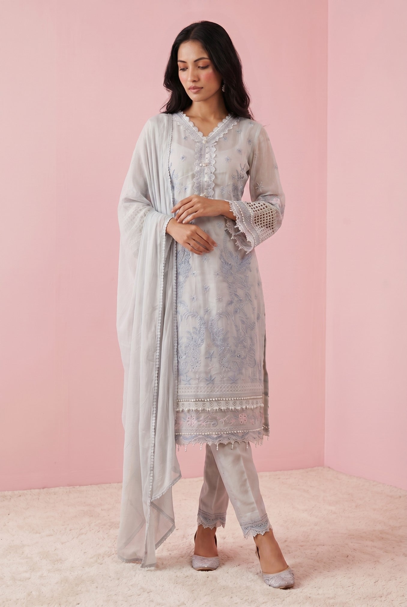Grey Embroidered Cotton Suit Set With Dupatta