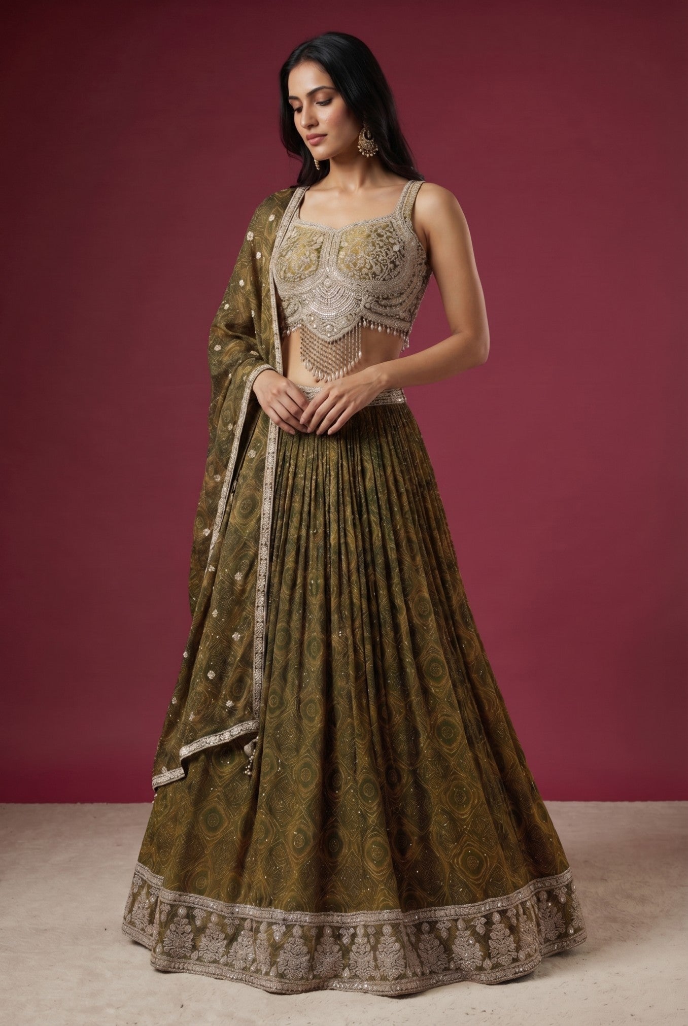 Green Bead Embroidered Crepe Reception Lehenga with Semi Sweet Heart Neck Blouse