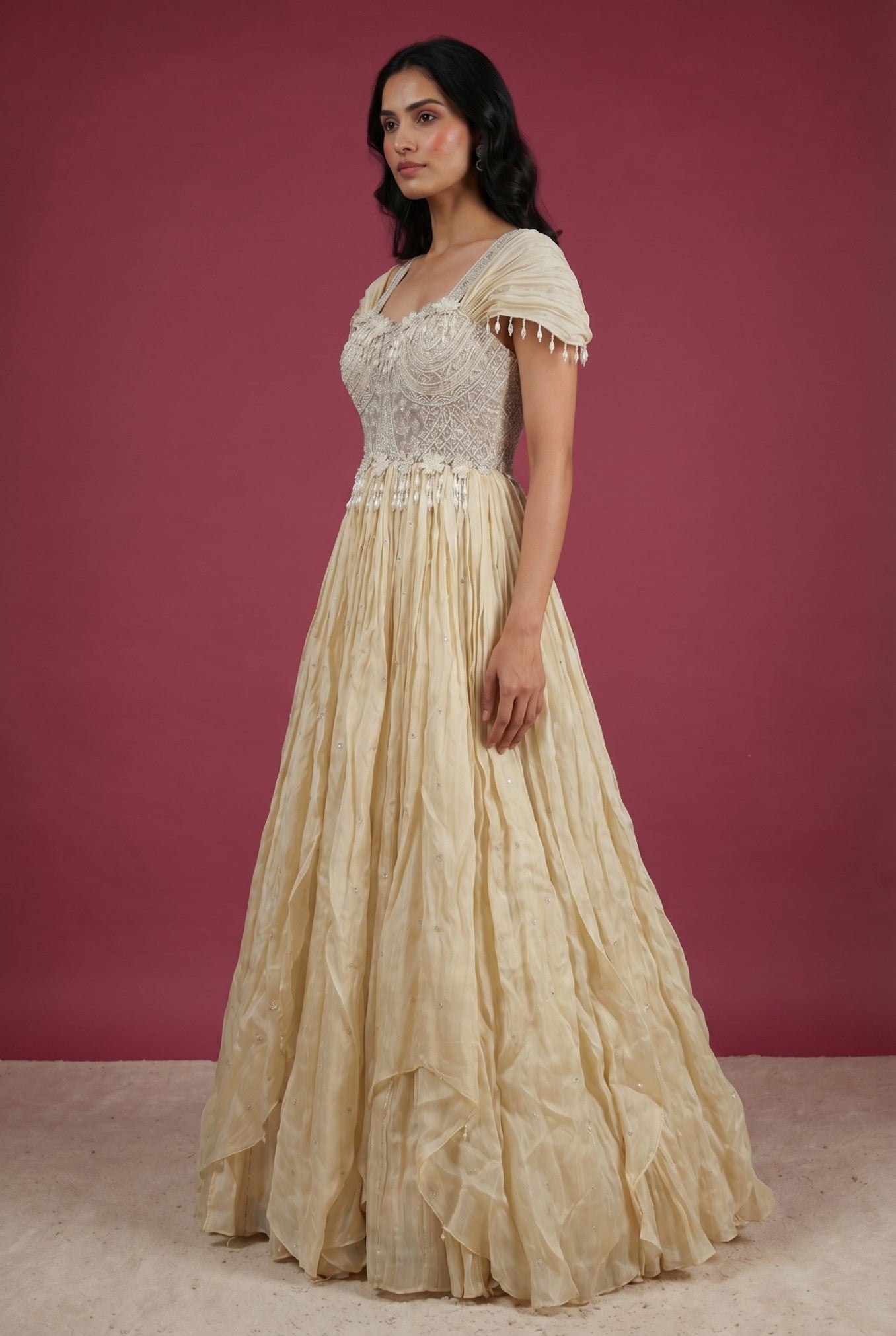 Cream Embroidered Silk Festive Gown