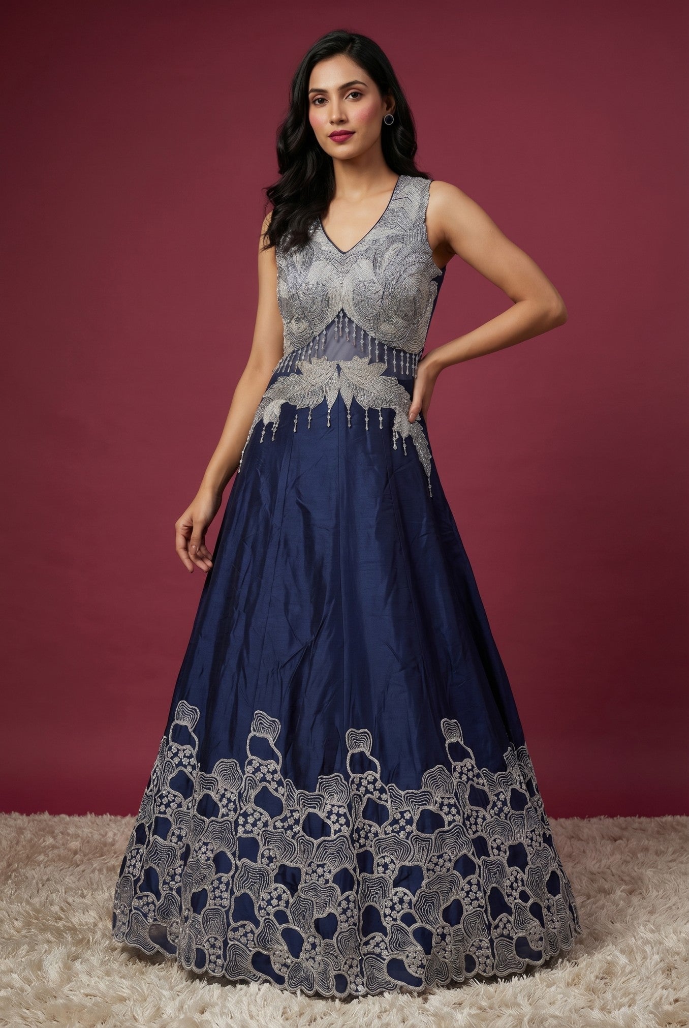 Blue & Silver Embellished Halter-Neck Designer Evening Gown