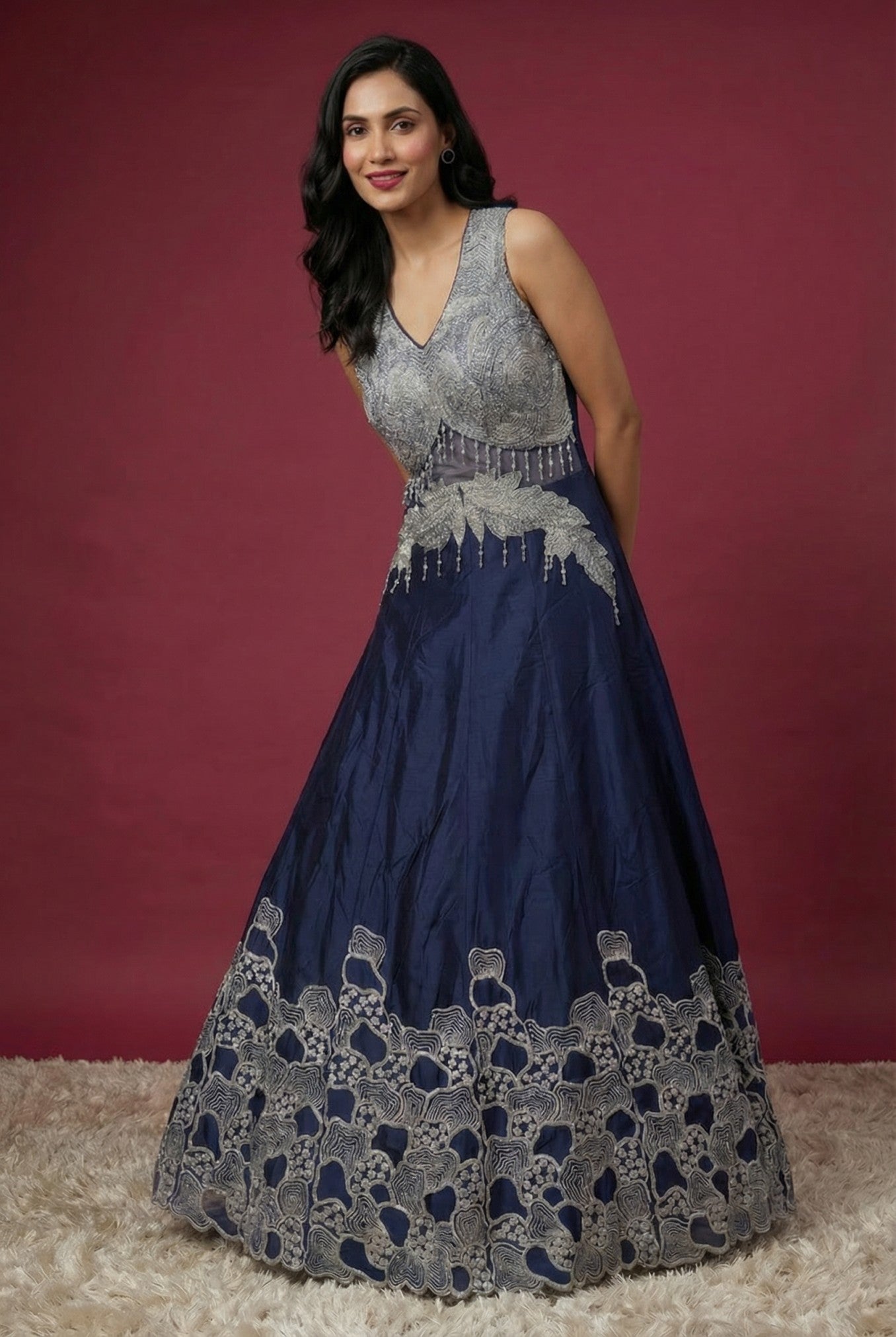 Blue & Silver Embellished Halter-Neck Designer Evening Gown