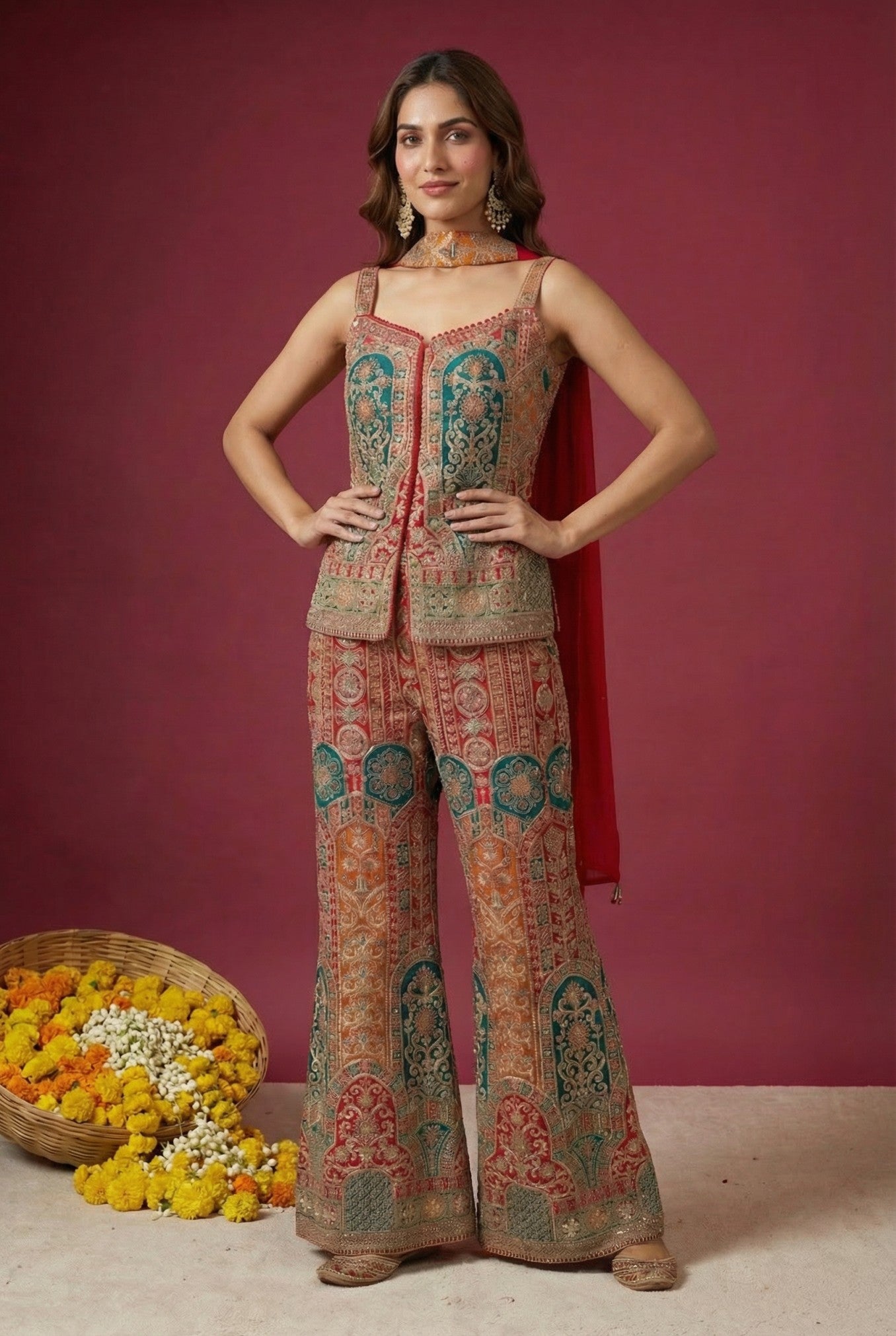 Multicolor Embroidered Indo-Western Palazzo Set
