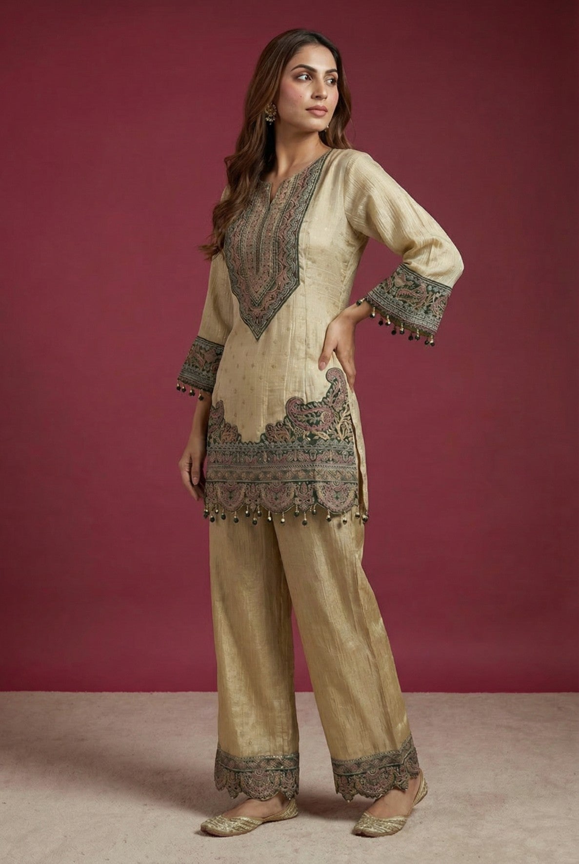 Off White Embroidered Pakistani Style Kurta Palazzo Set