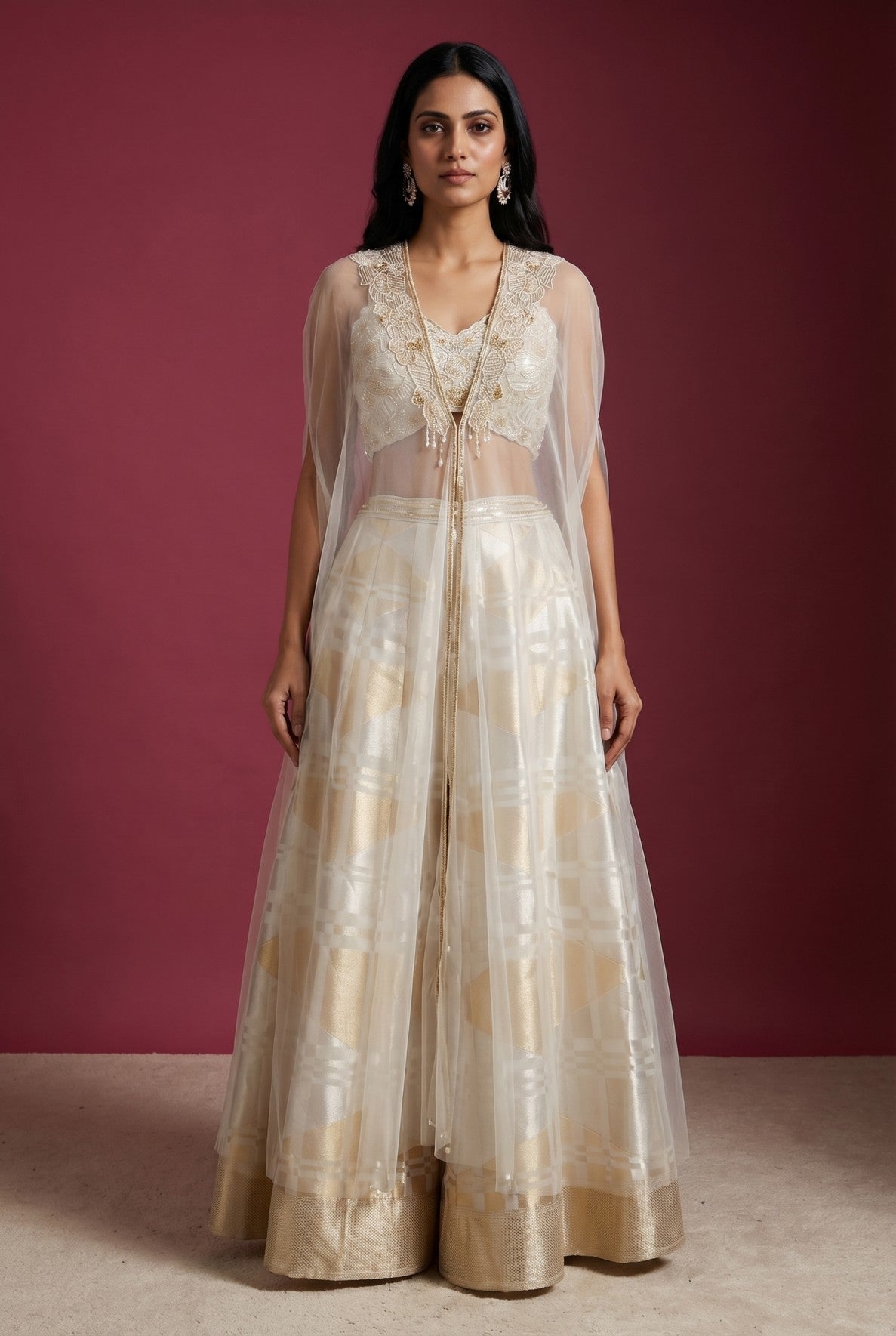 Beige Beads Embroidered Tissue Designer Salwar with Pentagon Neck