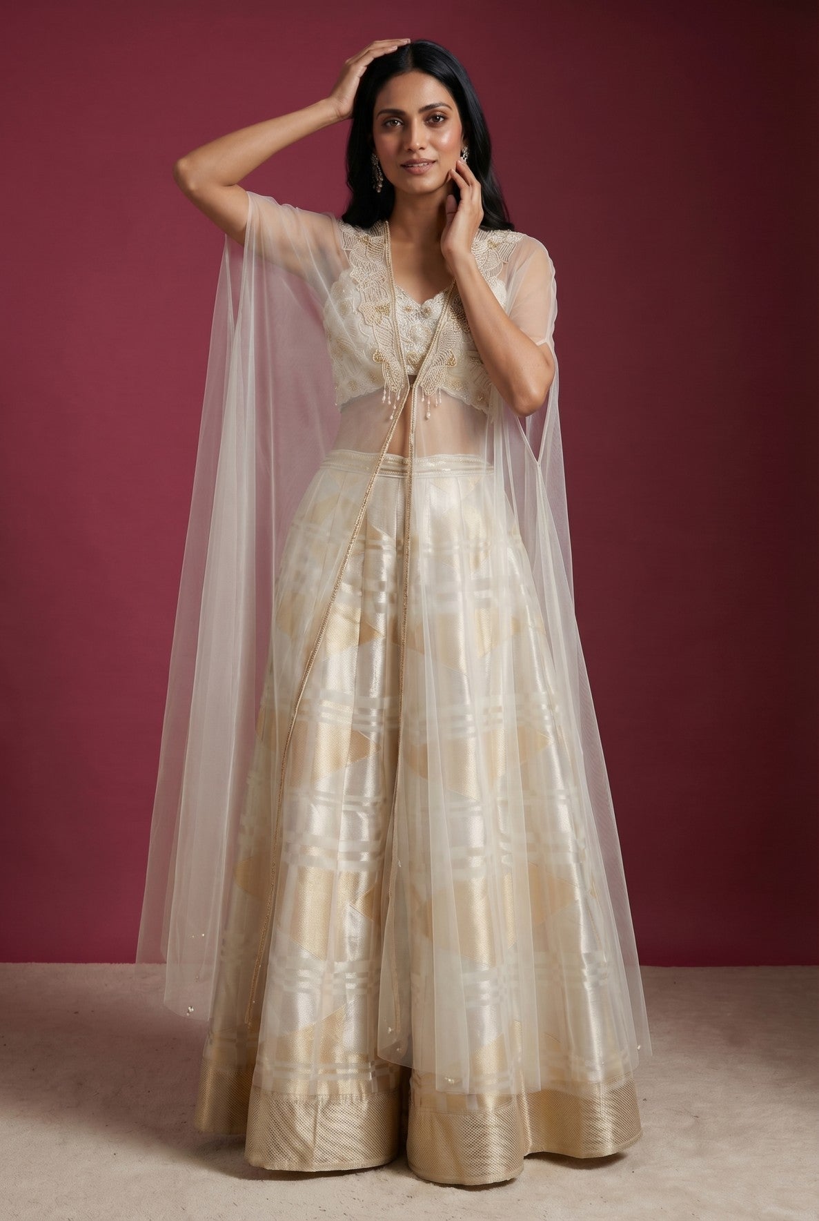 Beige Beads Embroidered Tissue Designer Salwar with Pentagon Neck