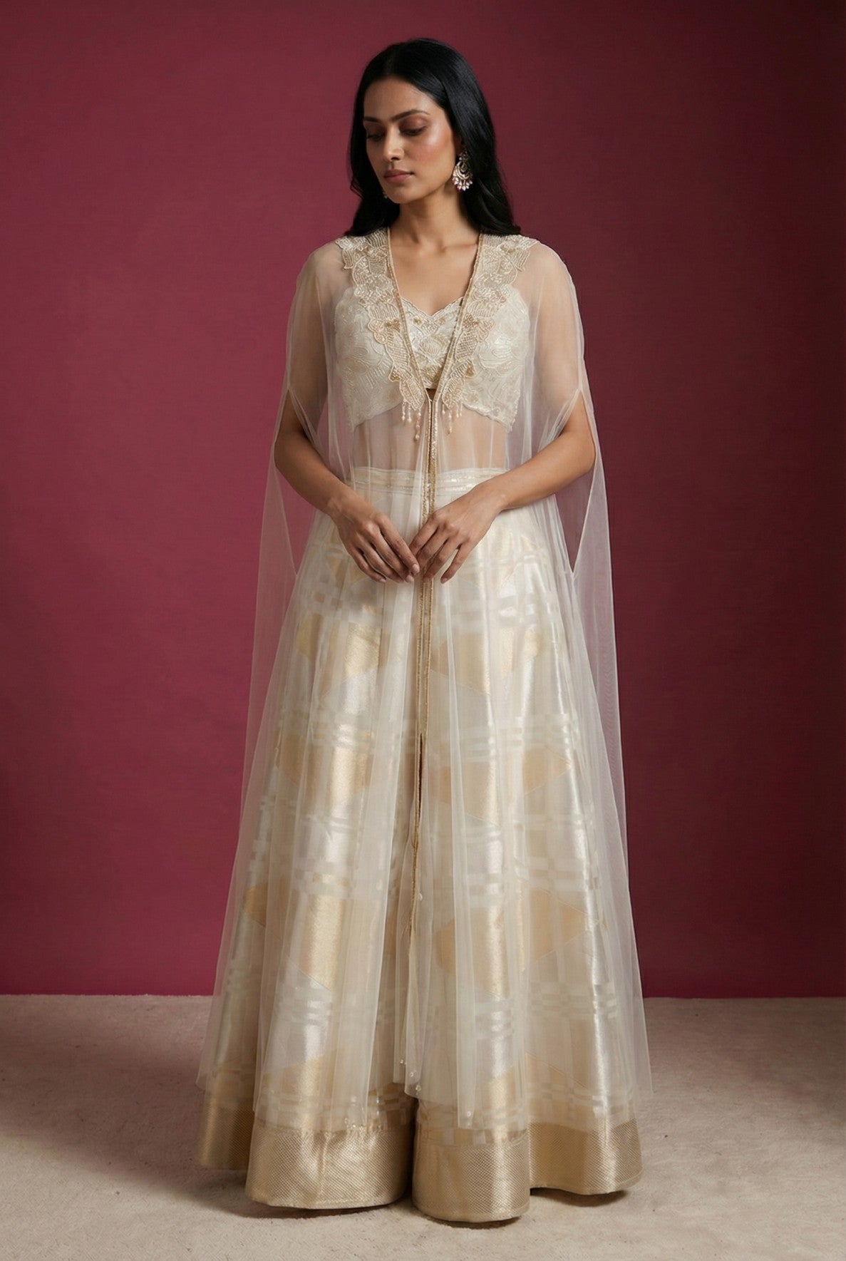 Beige Beads Embroidered Tissue Designer Salwar with Pentagon Neck