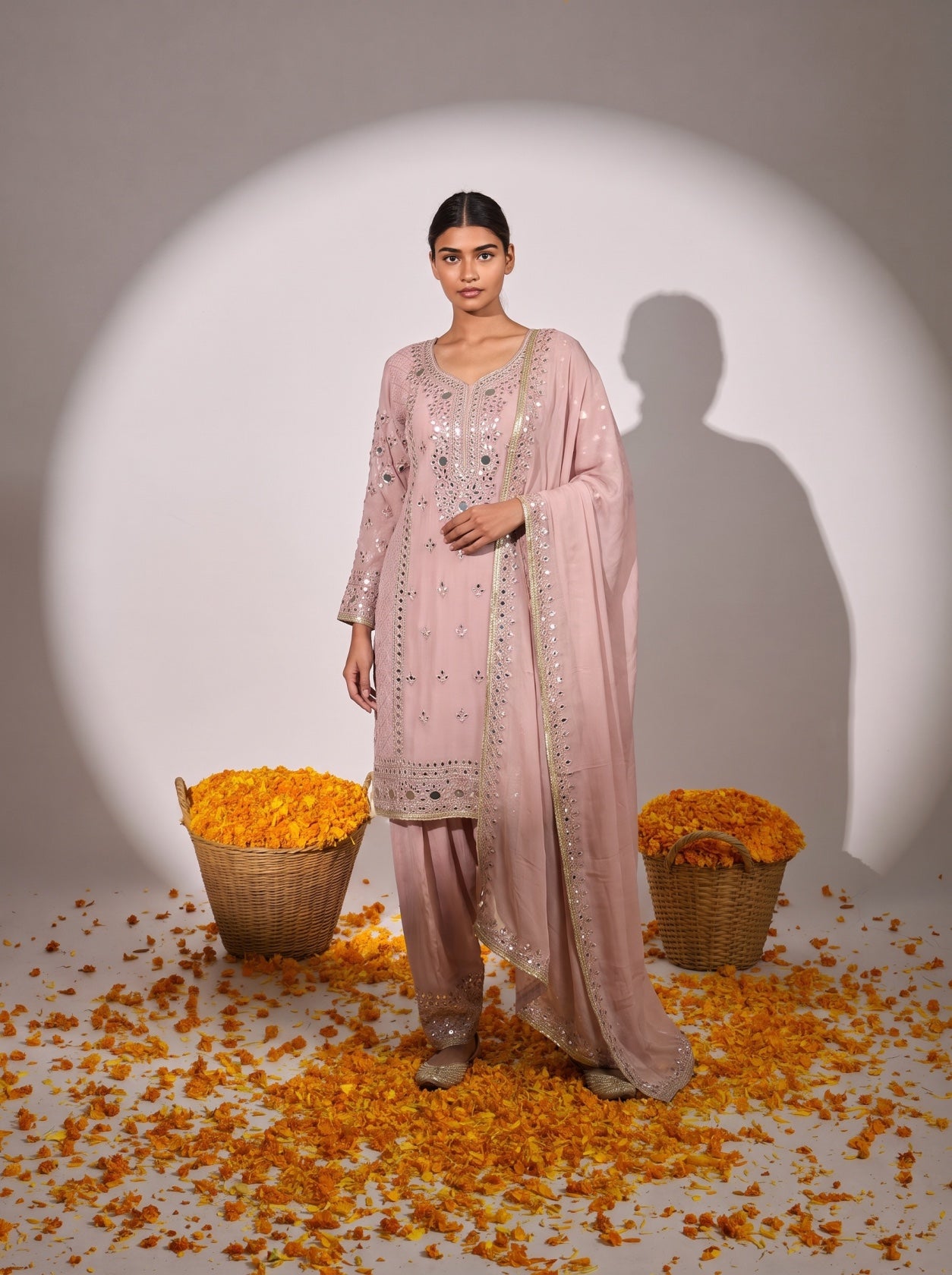 Pink Mirror Work Chiffon Salwar Suit