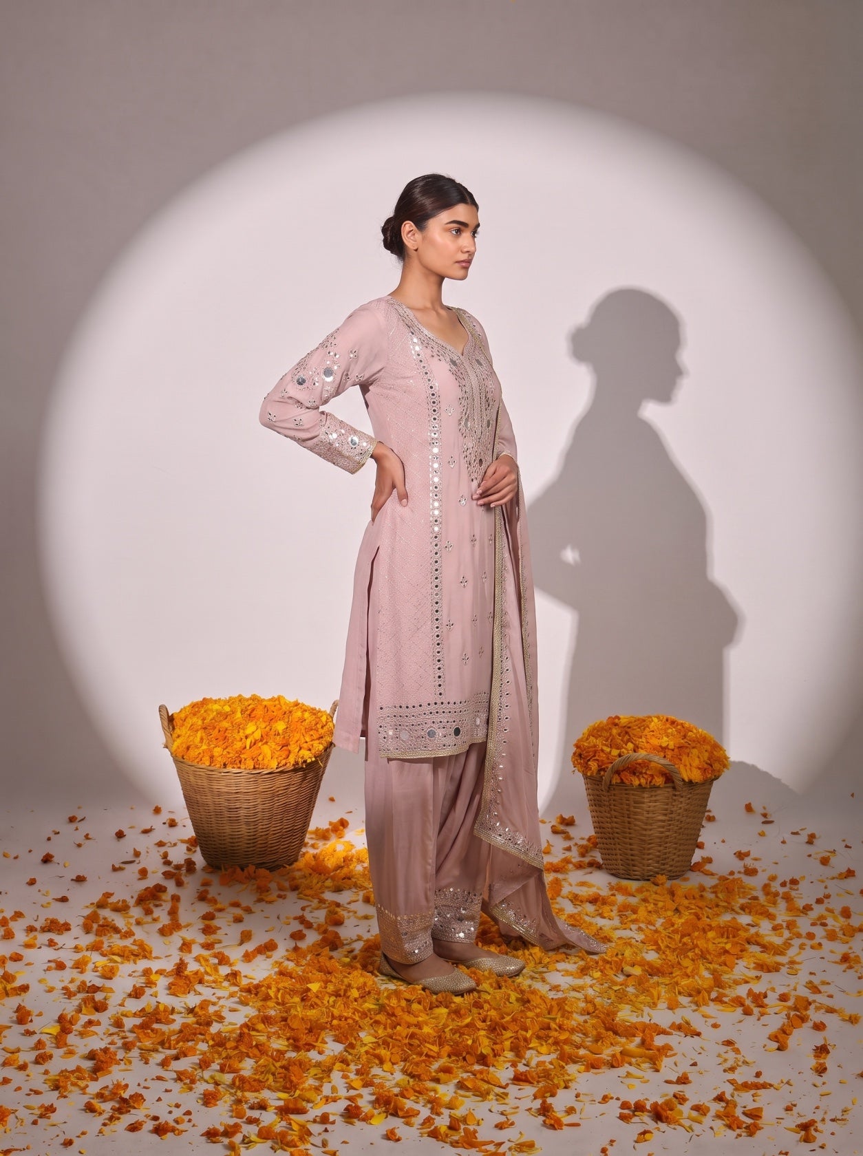 Pink Mirror Work Chiffon Salwar Suit
