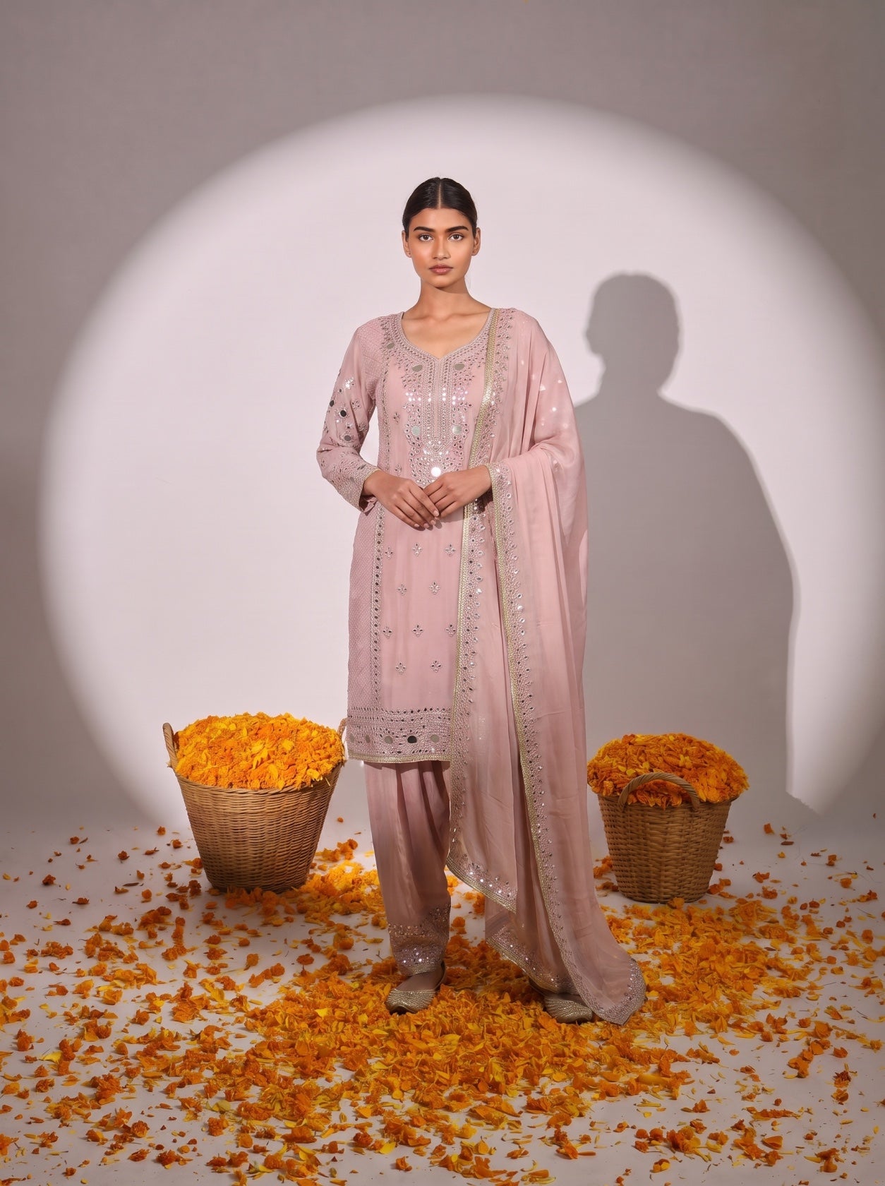 Pink Mirror Work Chiffon Salwar Suit
