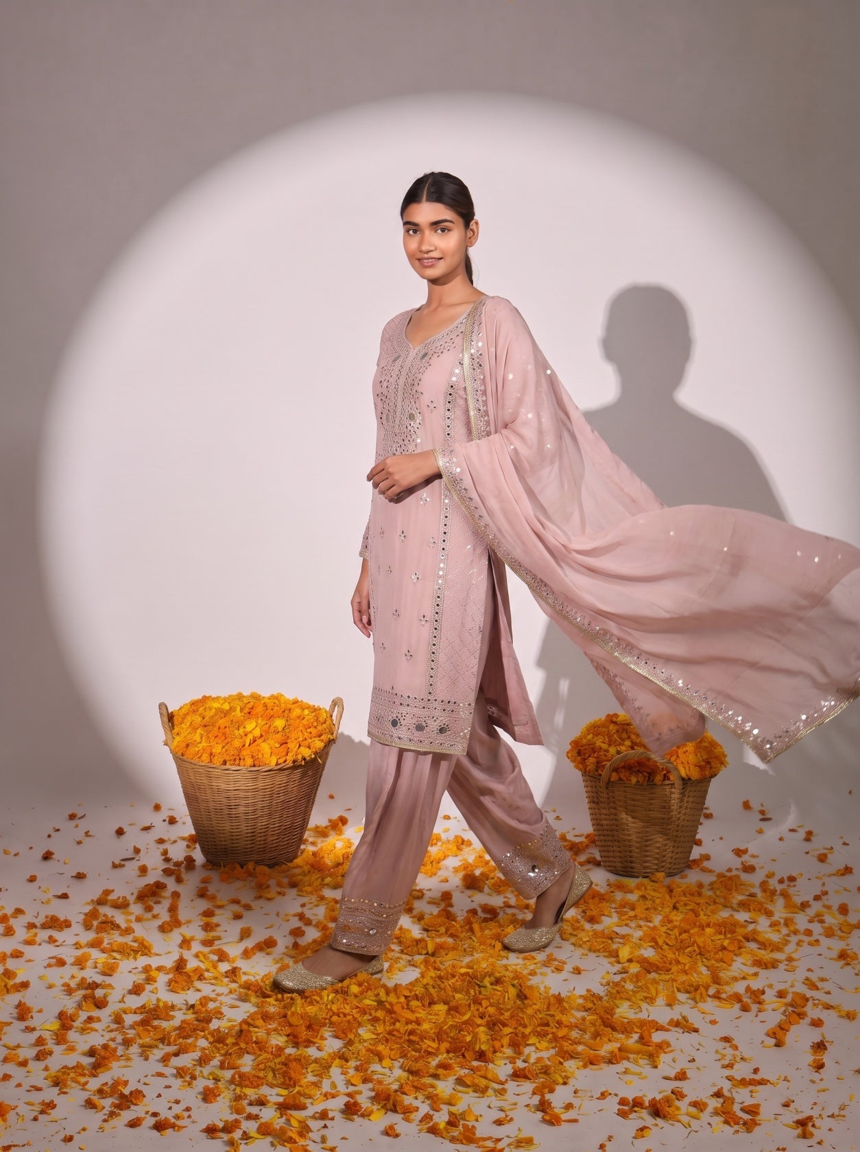 Pink Mirror Work Chiffon Salwar Suit