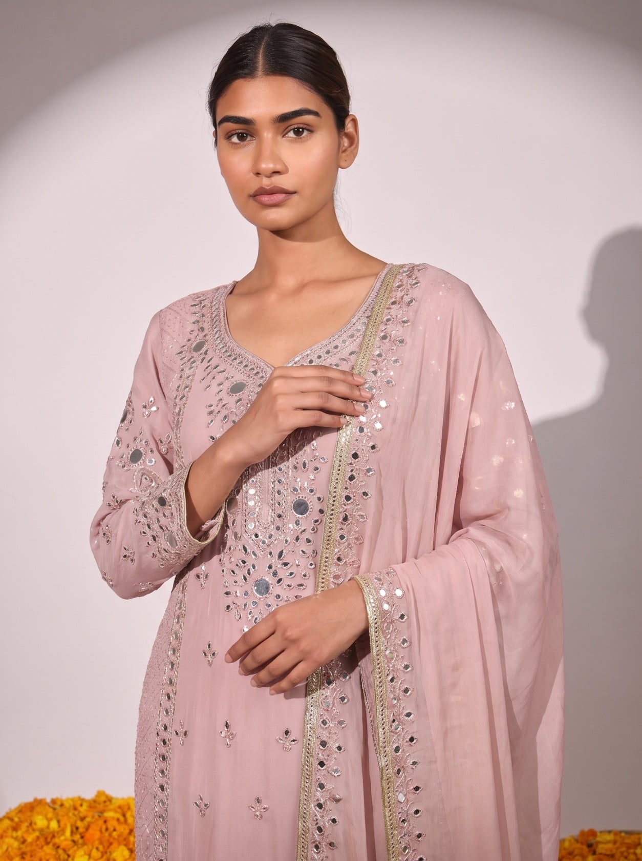 Pink Mirror Work Chiffon Salwar Suit