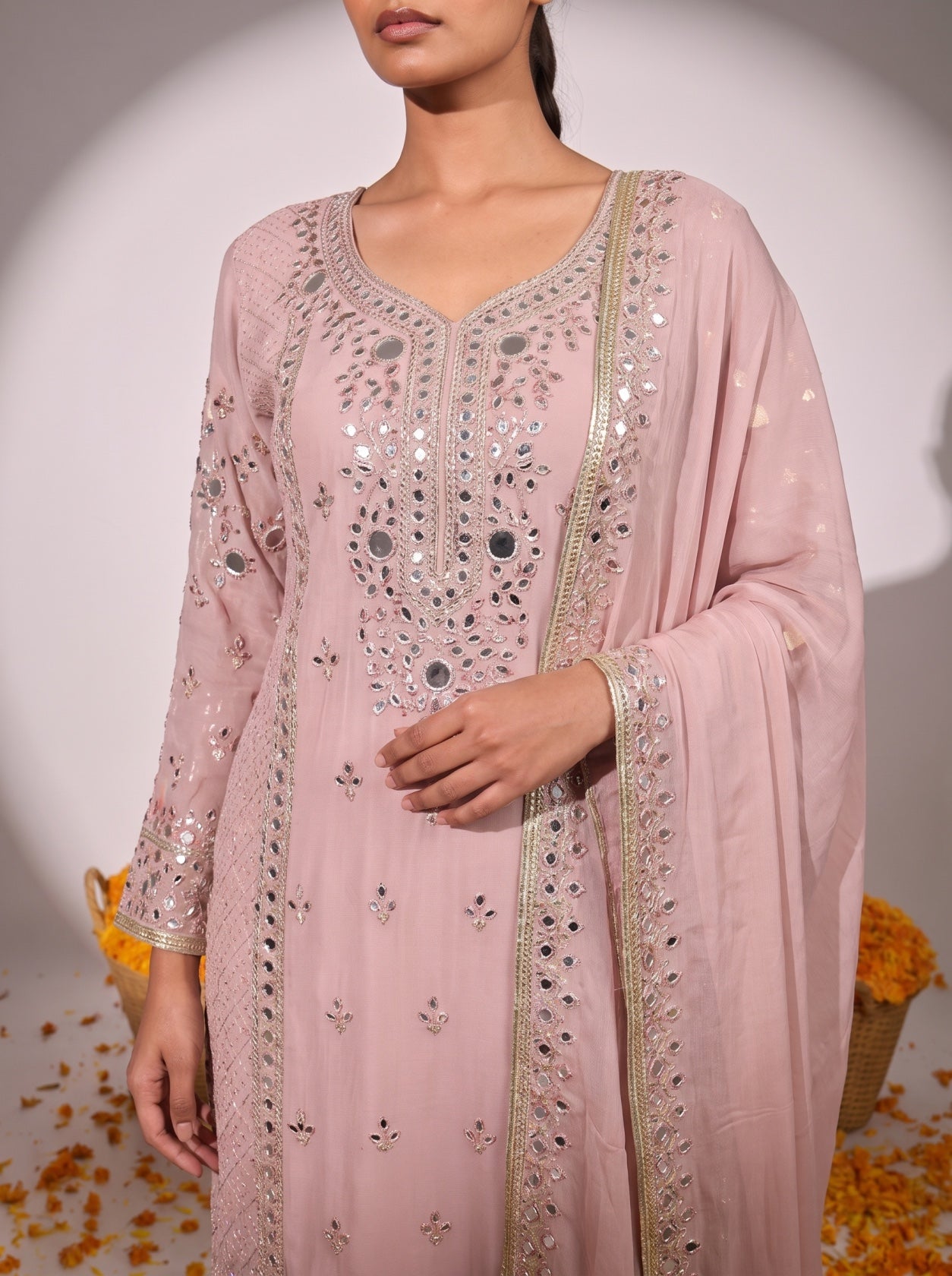 Pink Mirror Work Chiffon Salwar Suit
