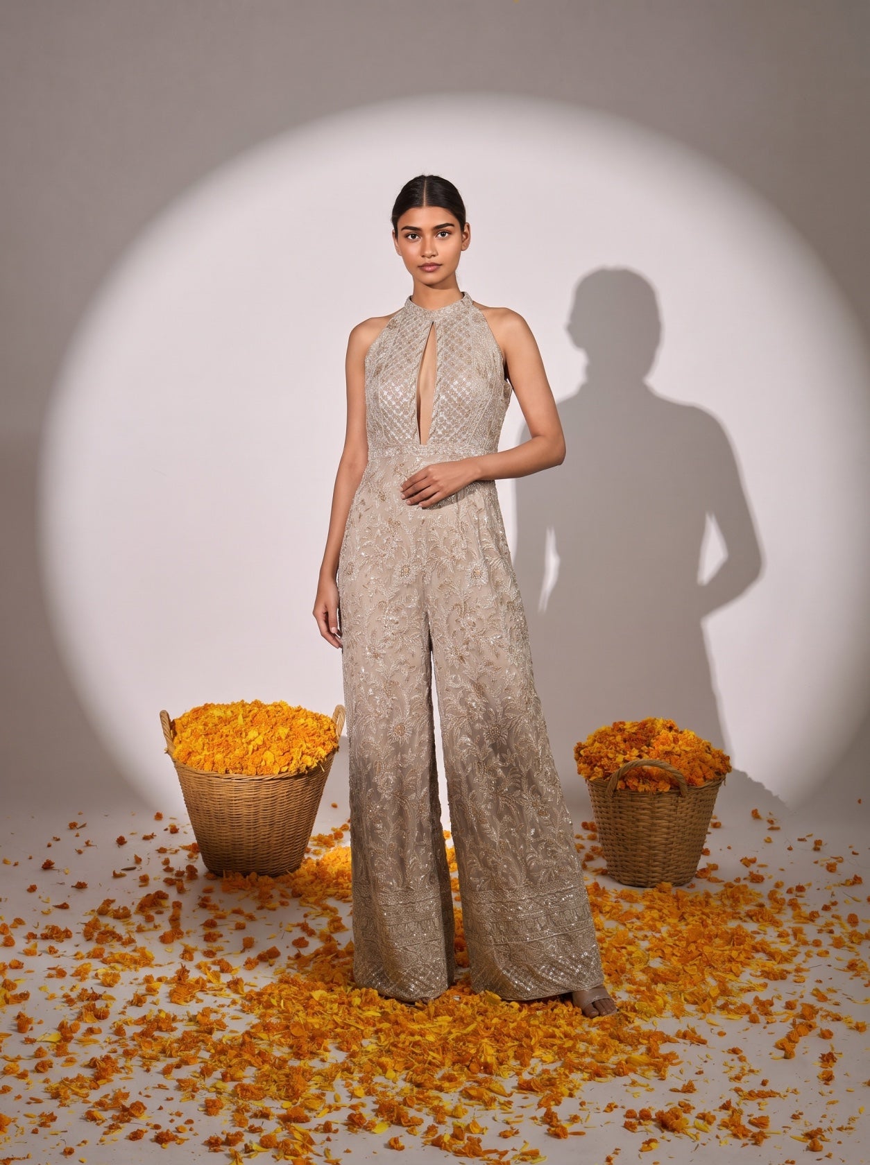 Light Gold Embellished Festive Jumpsuit