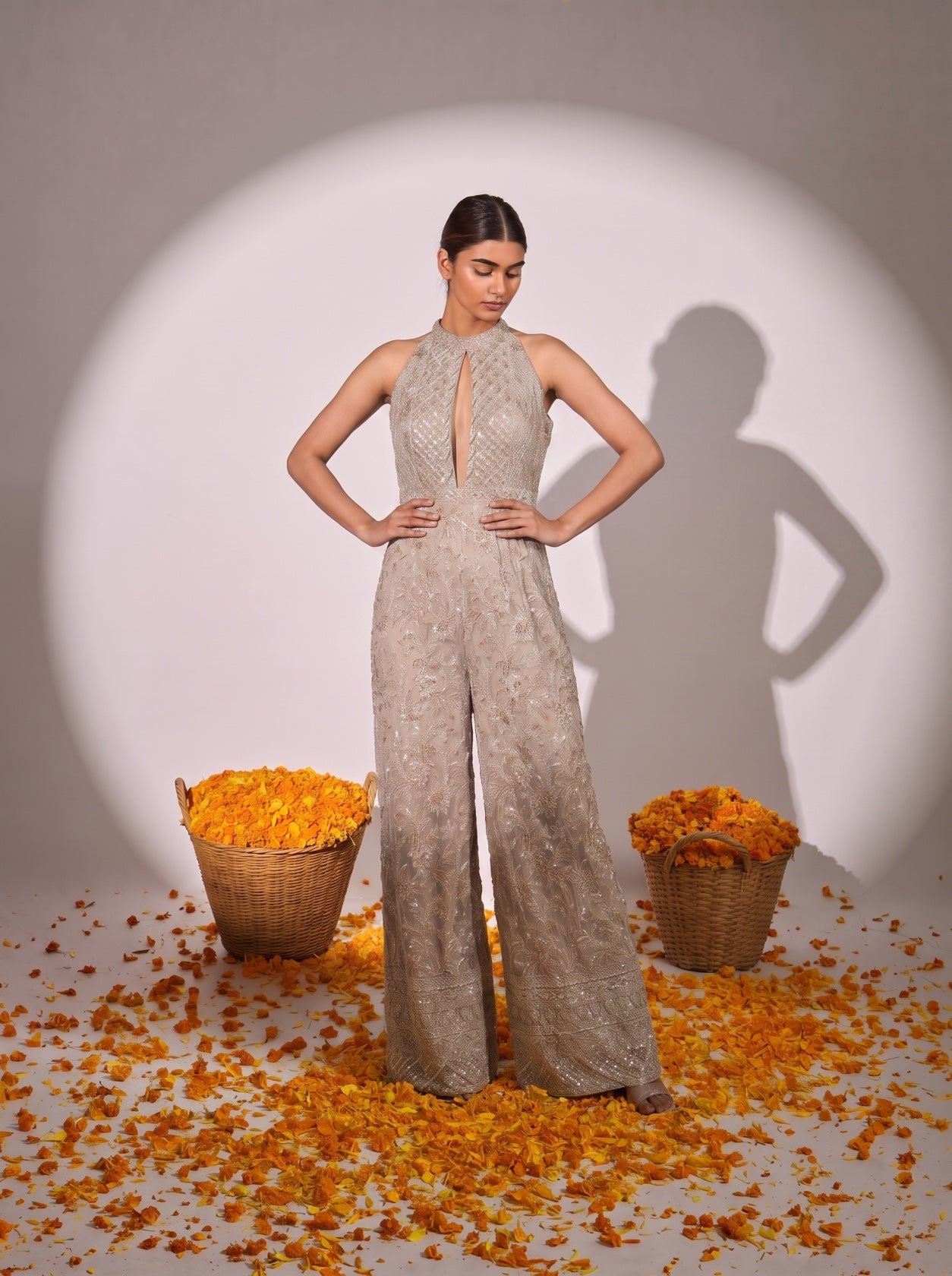 Light Gold Embellished Festive Jumpsuit
