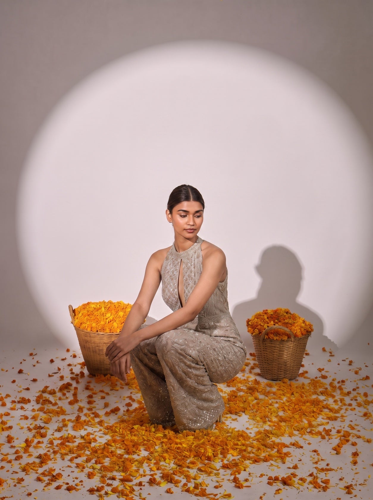 Light Gold Embellished Festive Jumpsuit