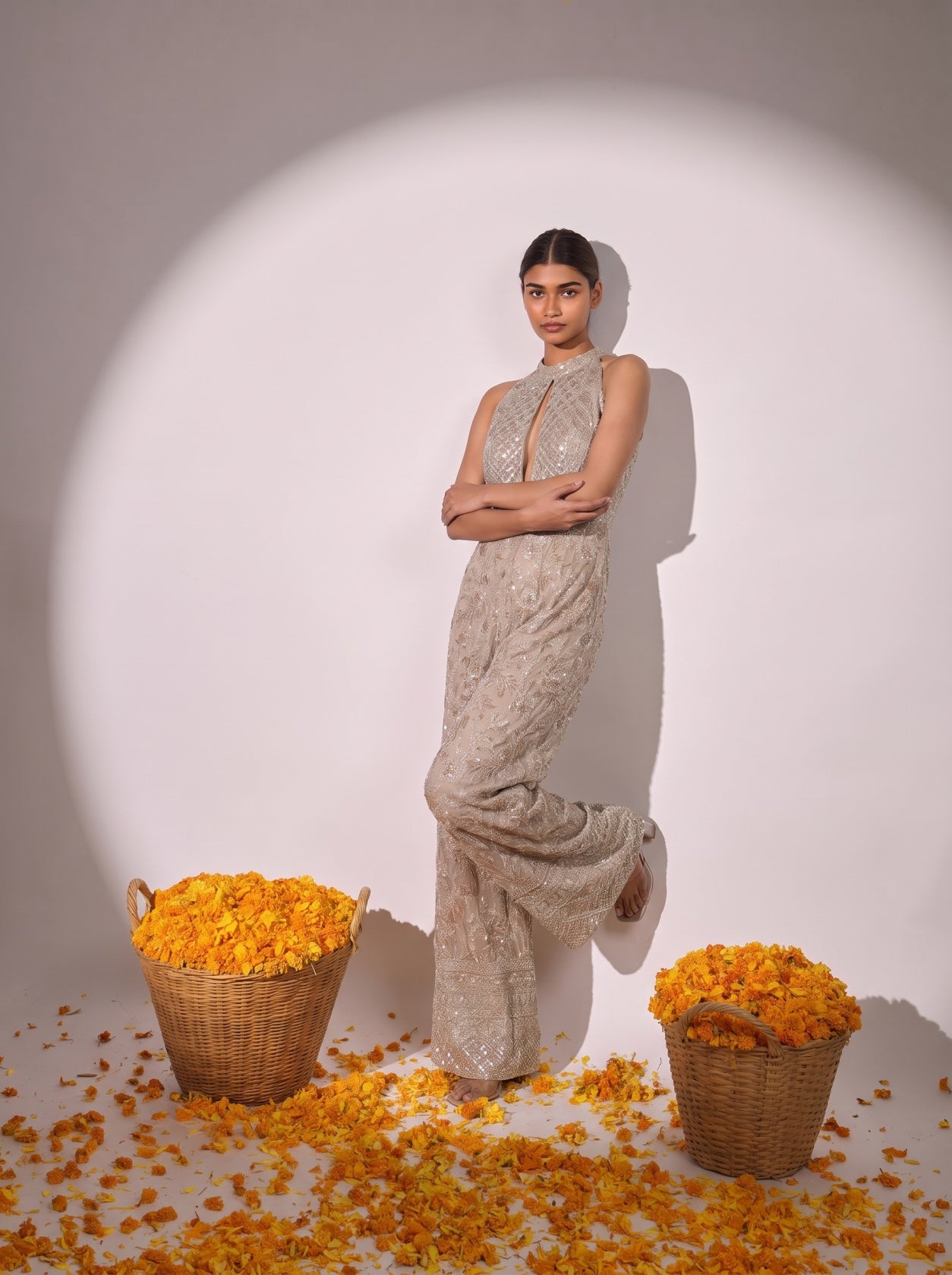 Light Gold Embellished Festive Jumpsuit