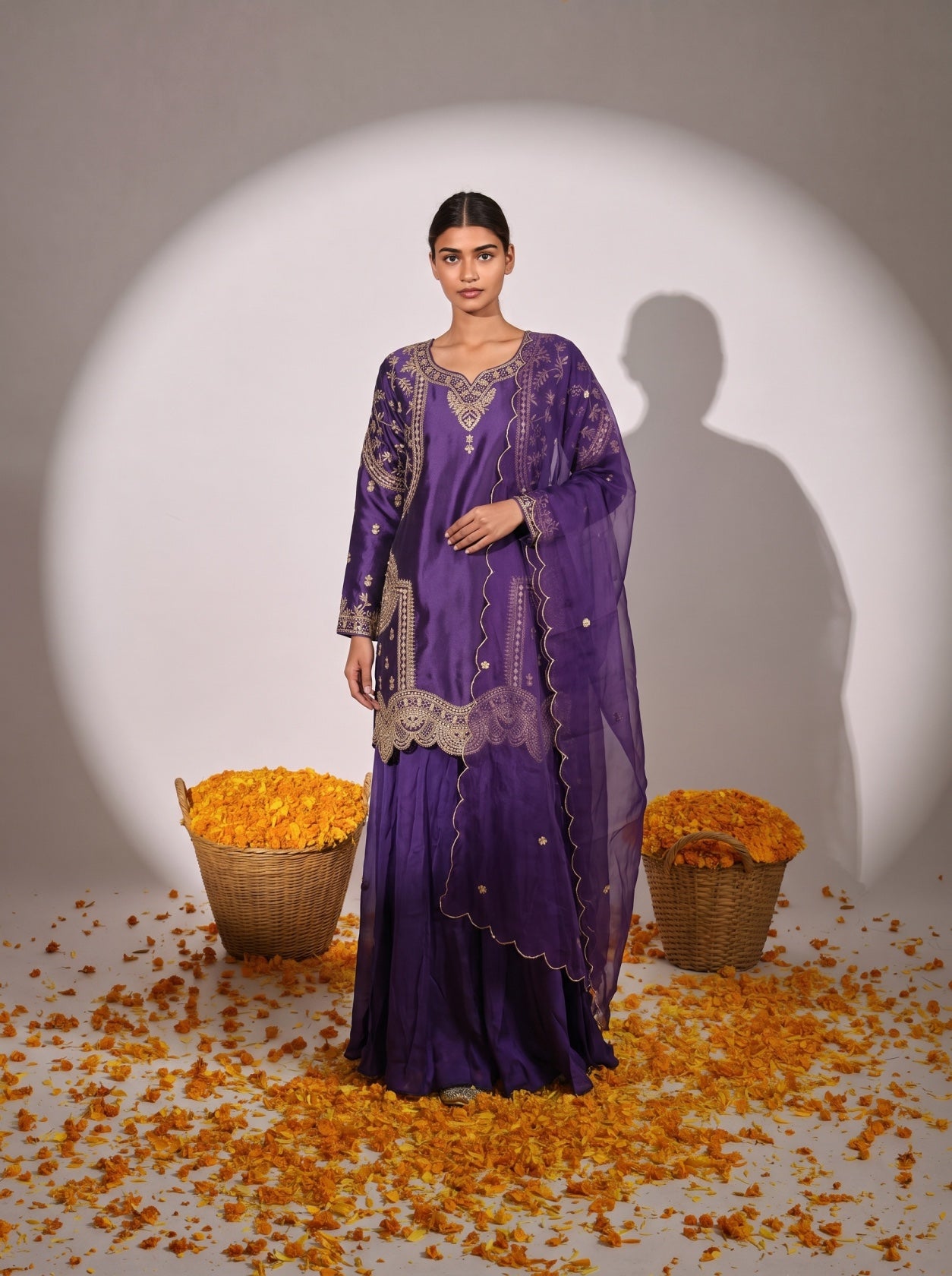 Purple Silk Embroidered Festive Sharara Suit