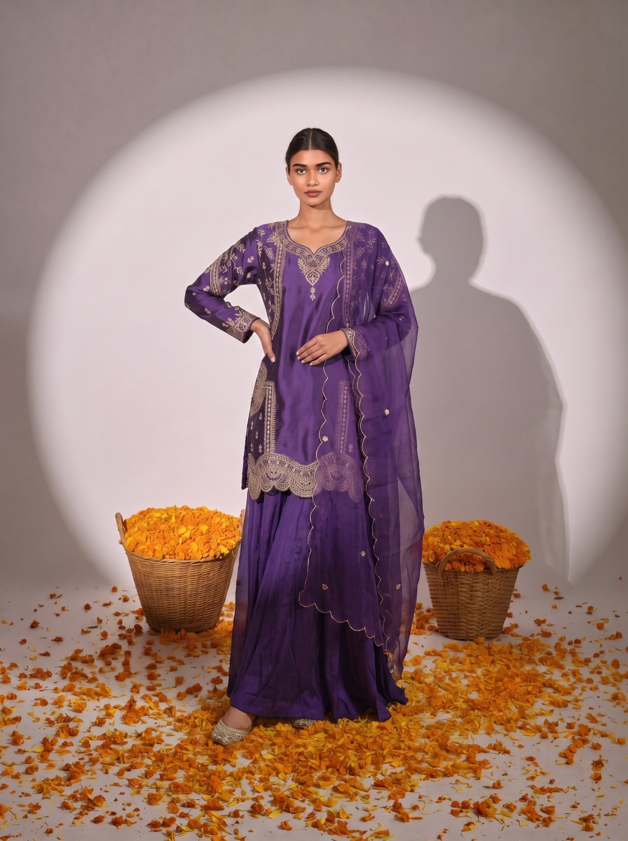Purple Silk Embroidered Festive Sharara Suit