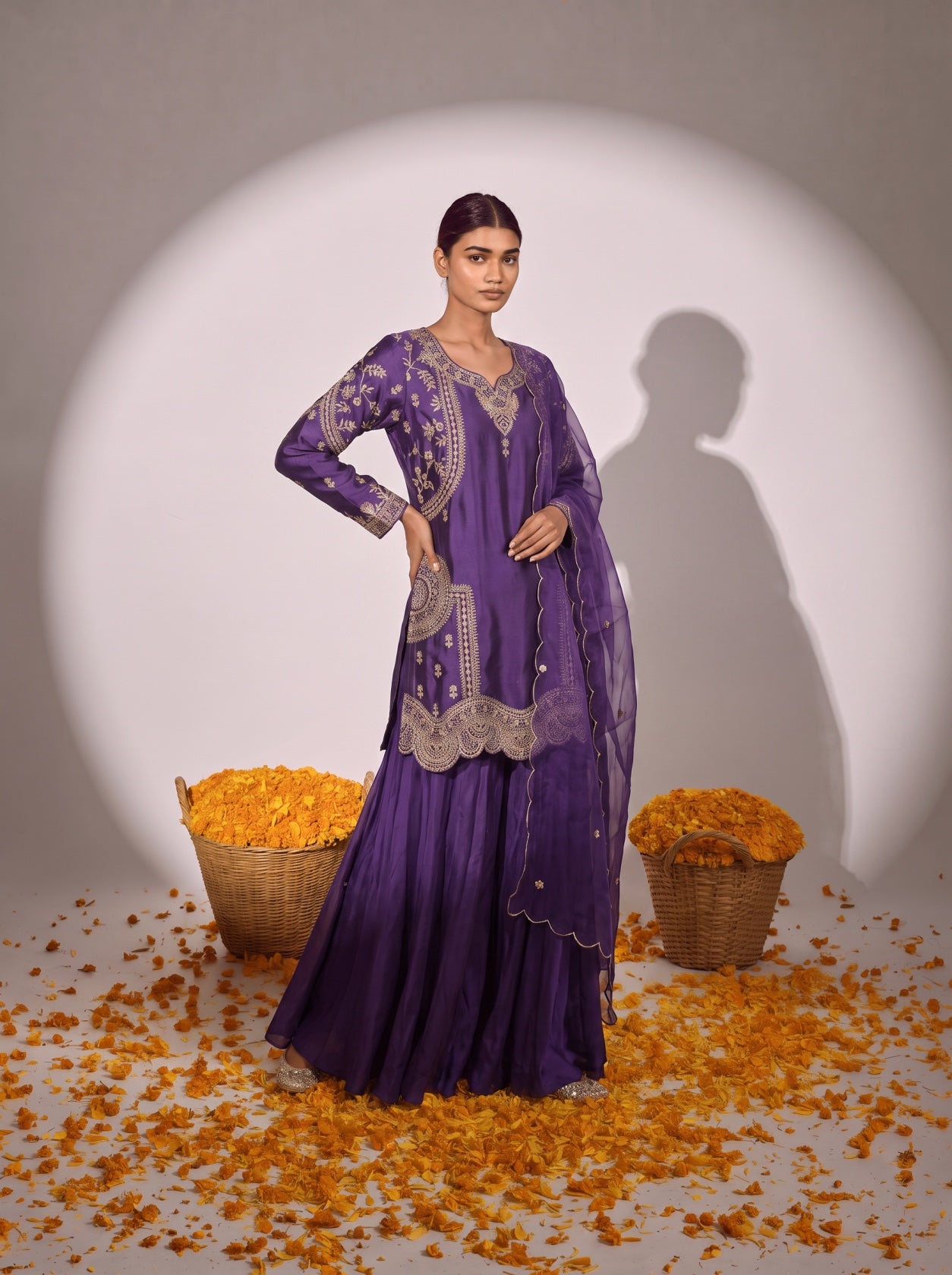 Purple Silk Embroidered Festive Sharara Suit