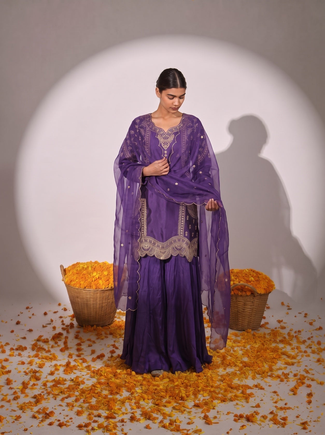 Purple Silk Embroidered Festive Sharara Suit