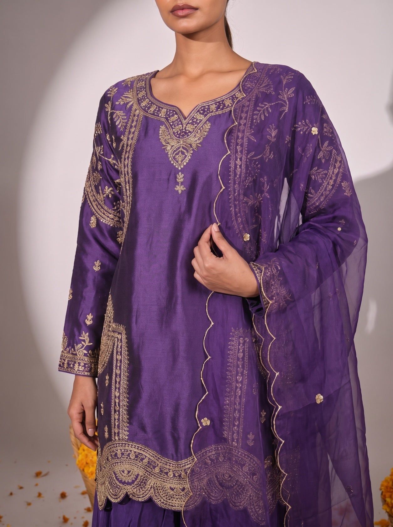 Purple Silk Embroidered Festive Sharara Suit