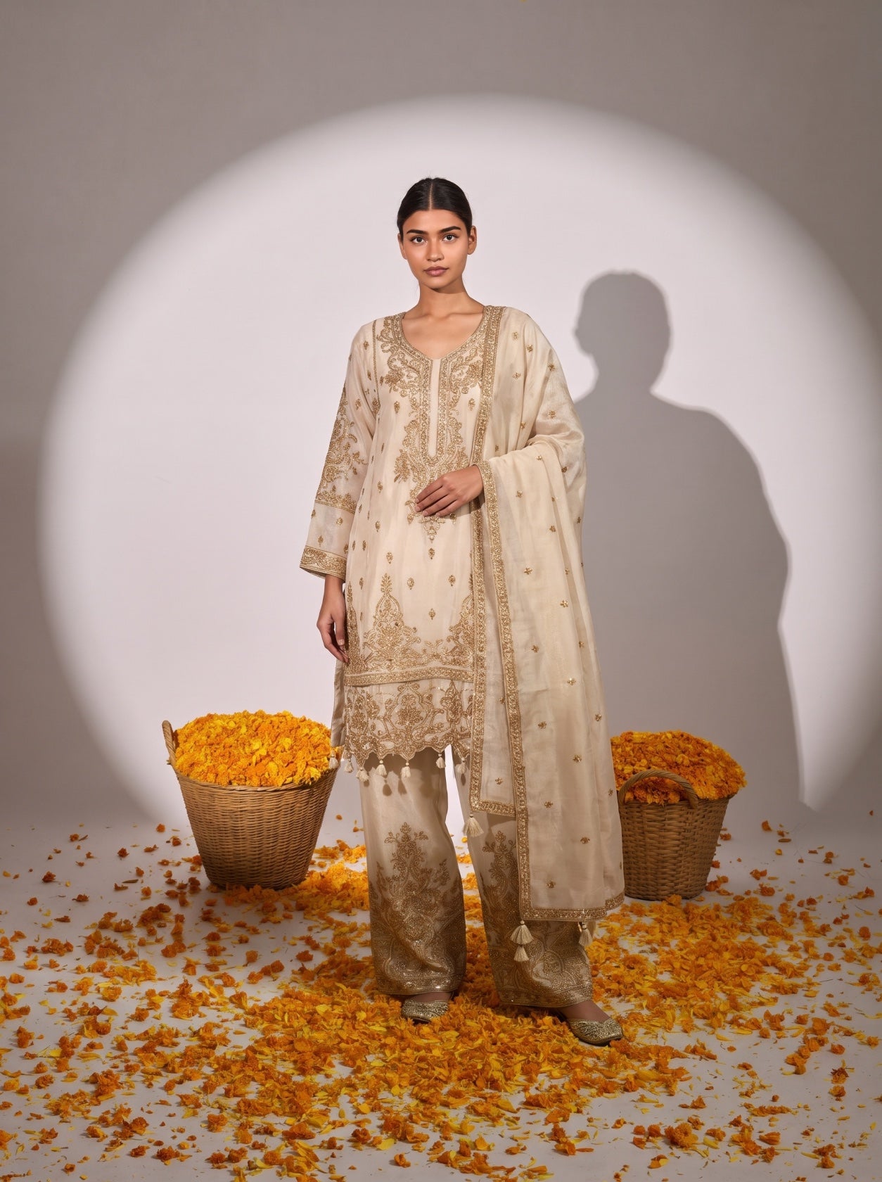 Ivory Silk Embroidered Festive Sharara Suit