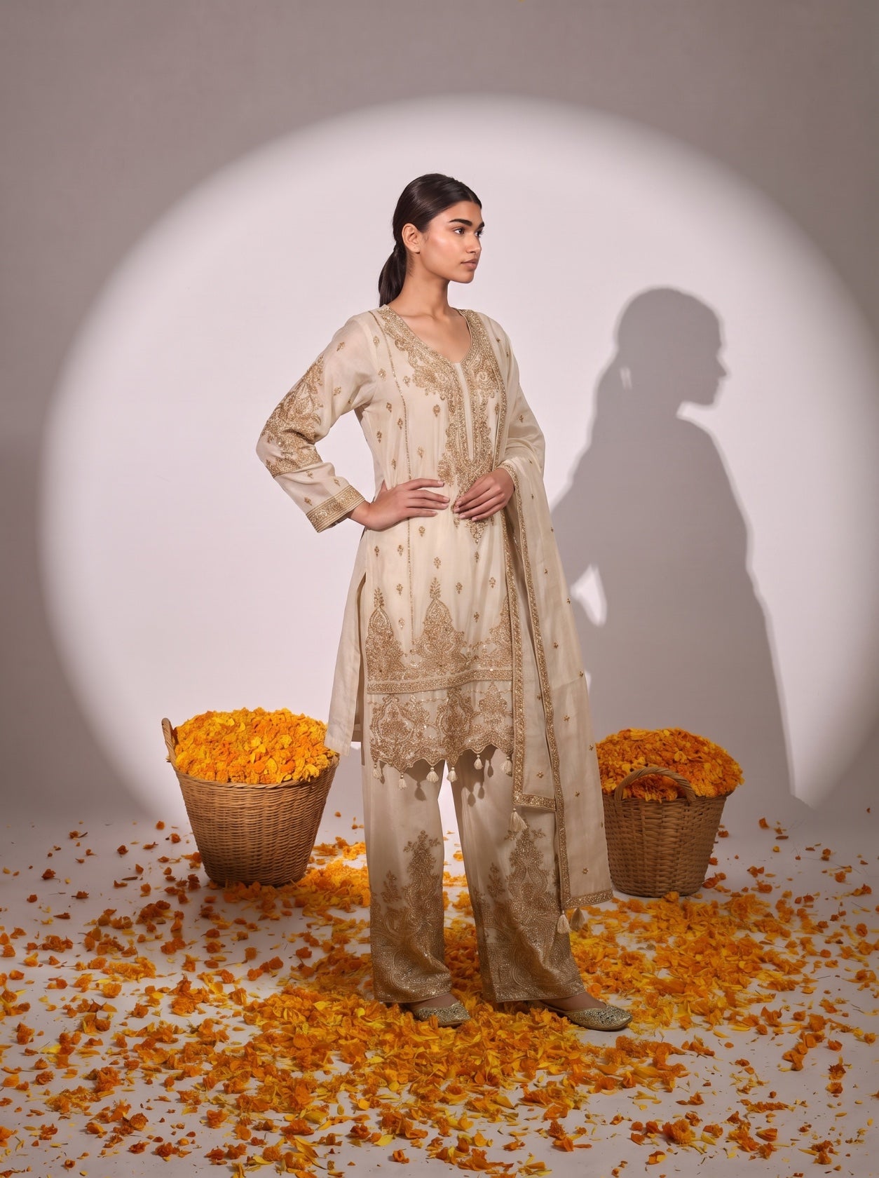 Ivory Silk Embroidered Festive Sharara Suit