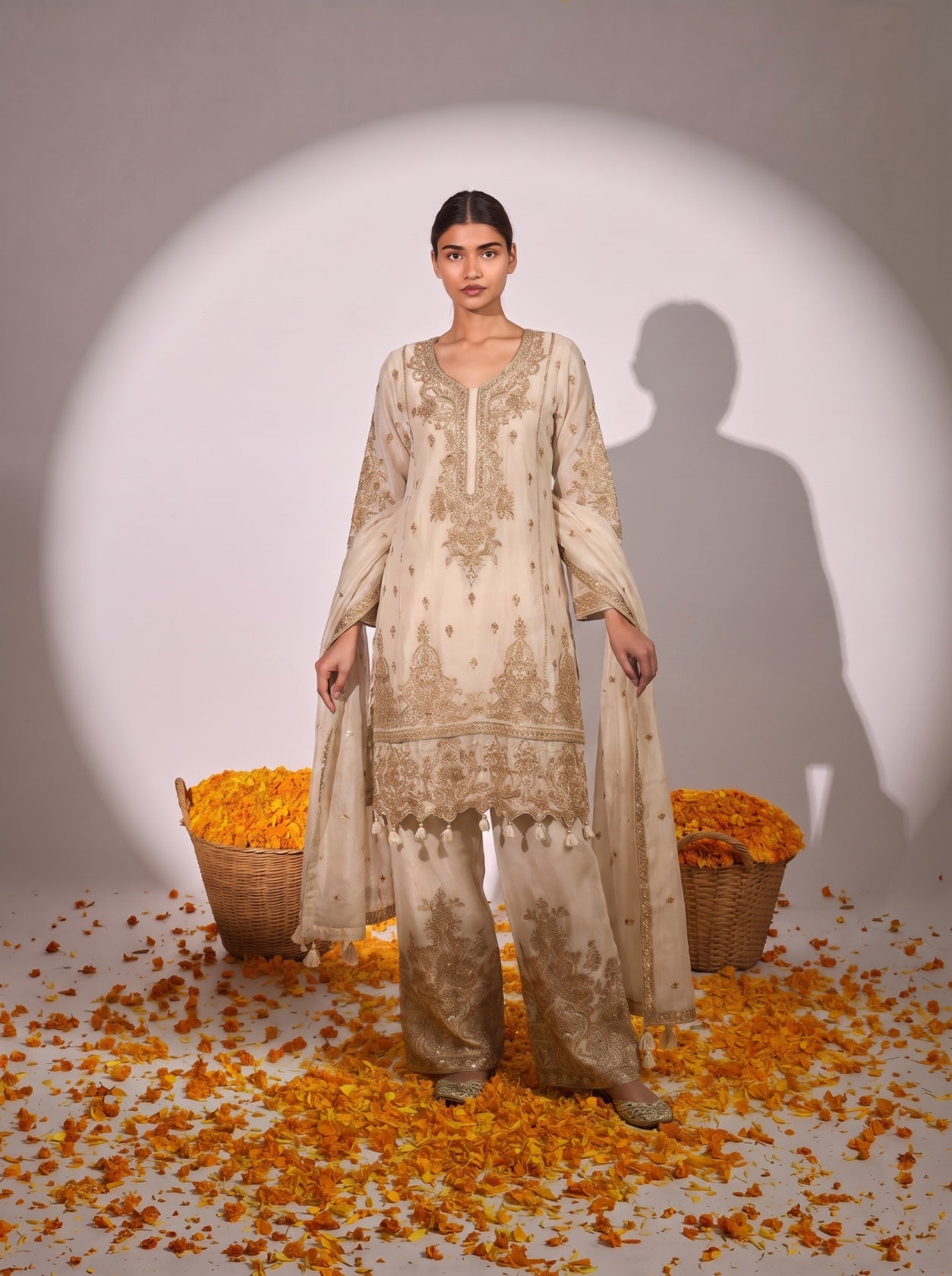 Ivory Silk Embroidered Festive Sharara Suit