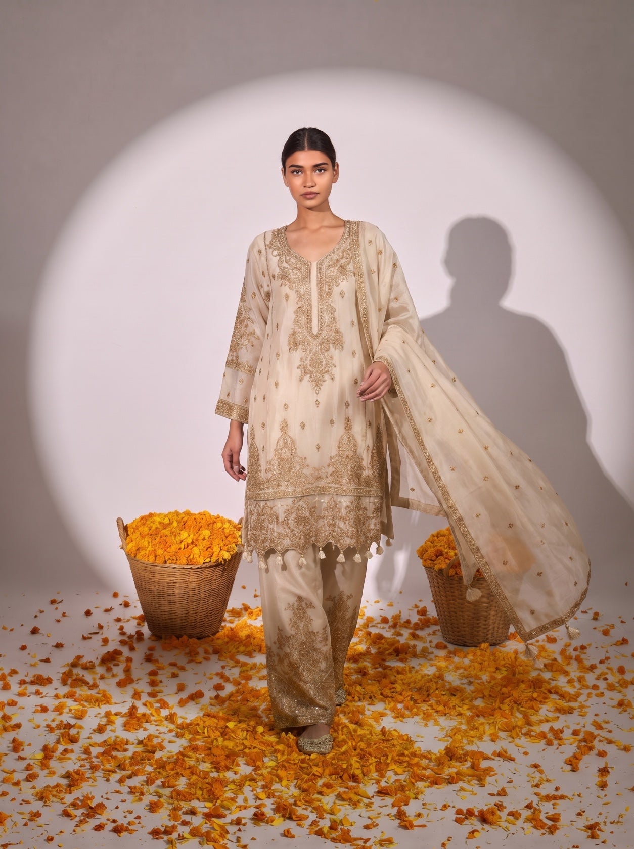 Ivory Silk Embroidered Festive Sharara Suit