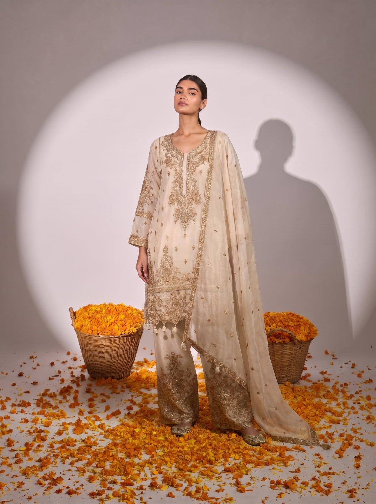 Ivory Silk Embroidered Festive Sharara Suit