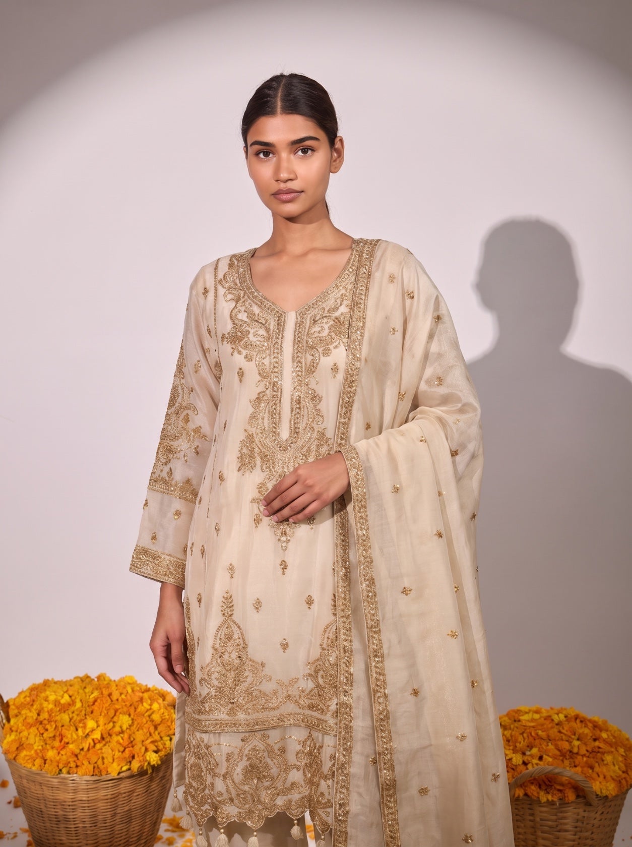 Ivory Silk Embroidered Festive Sharara Suit