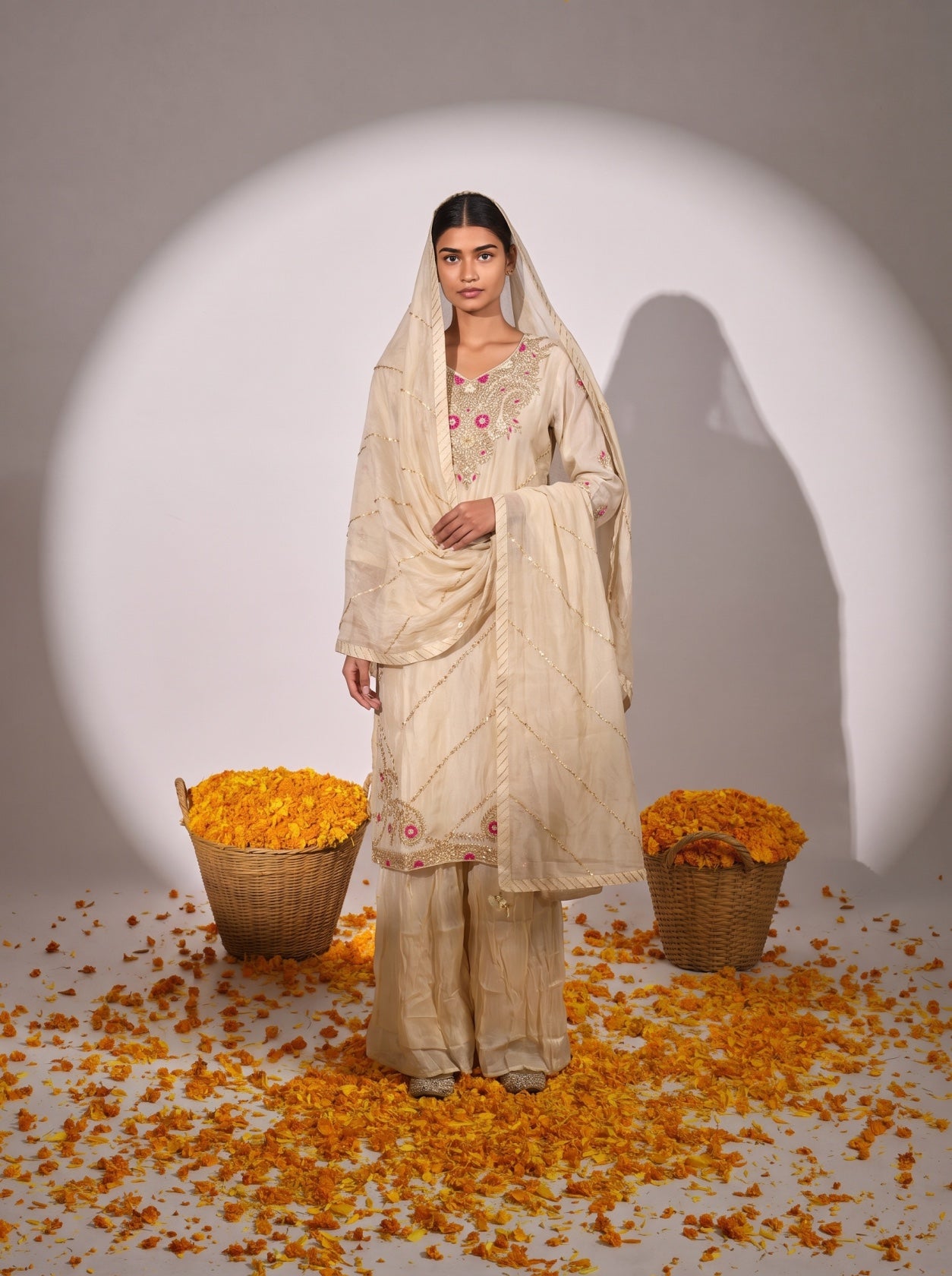 Ivory Silk Gotta Patti Festive Sharara Suit