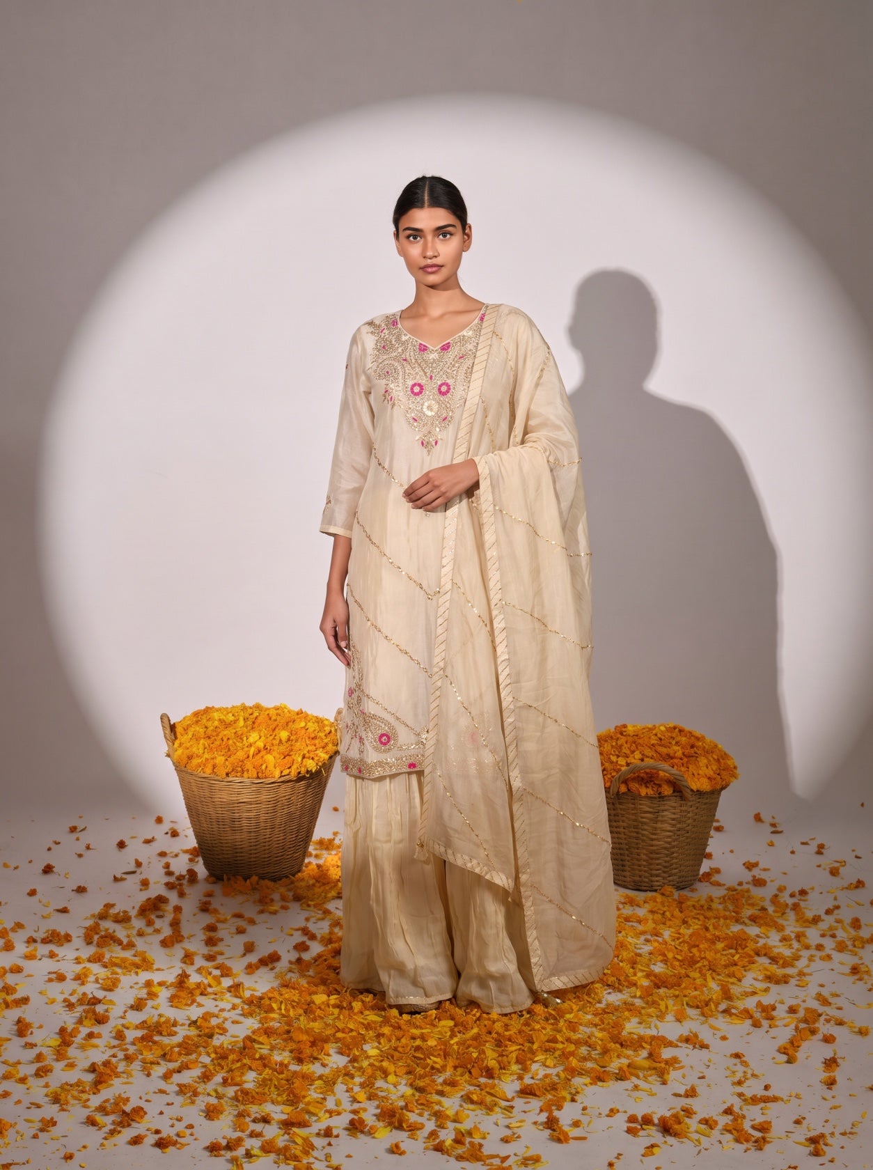 Ivory Silk Gotta Patti Festive Sharara Suit