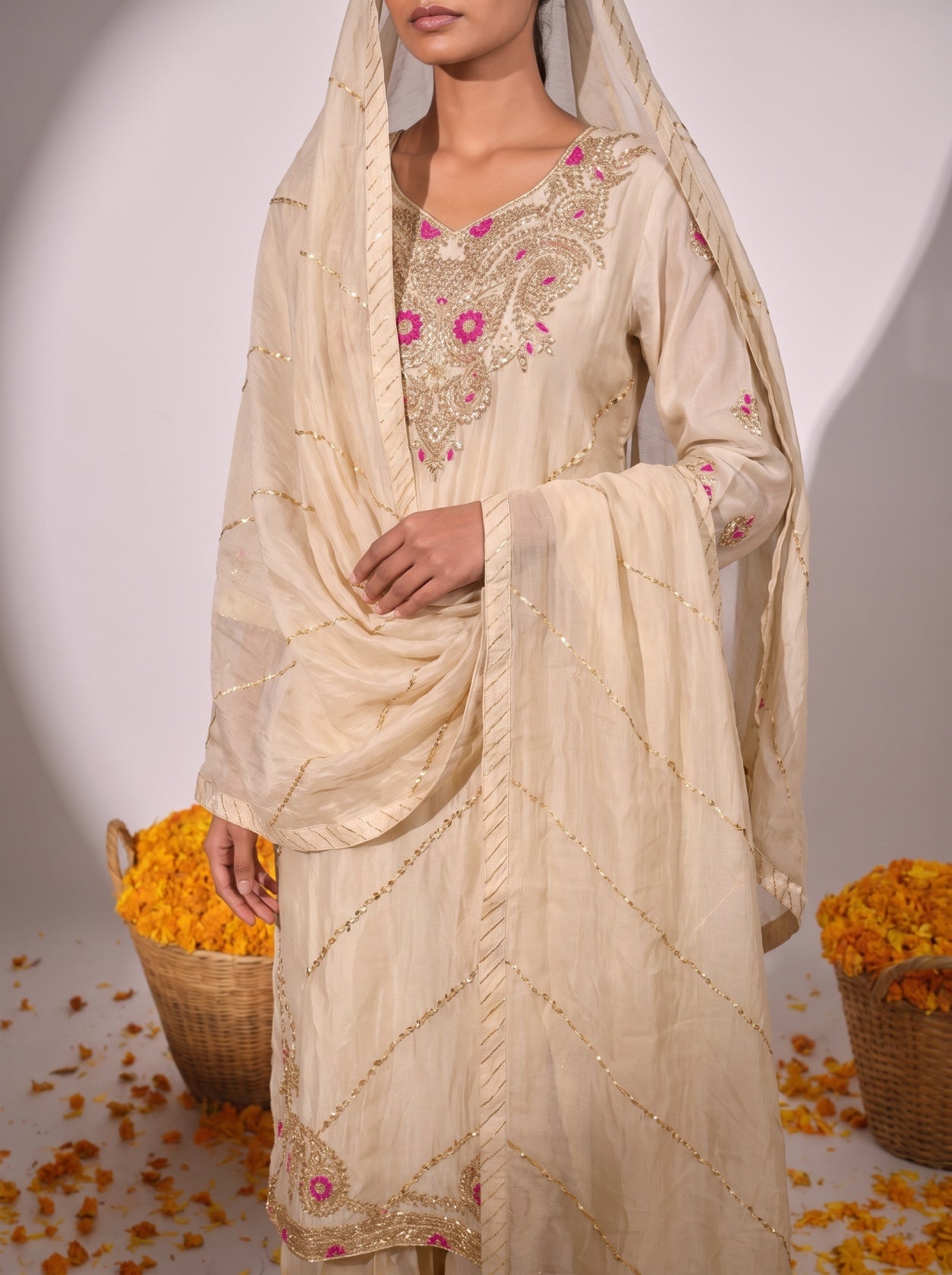 Ivory Silk Gotta Patti Festive Sharara Suit