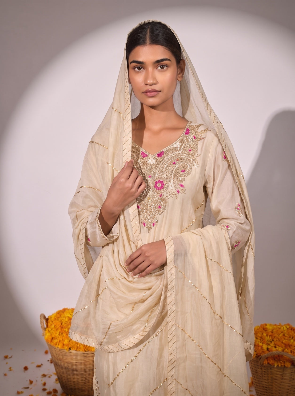 Ivory Silk Gotta Patti Festive Sharara Suit