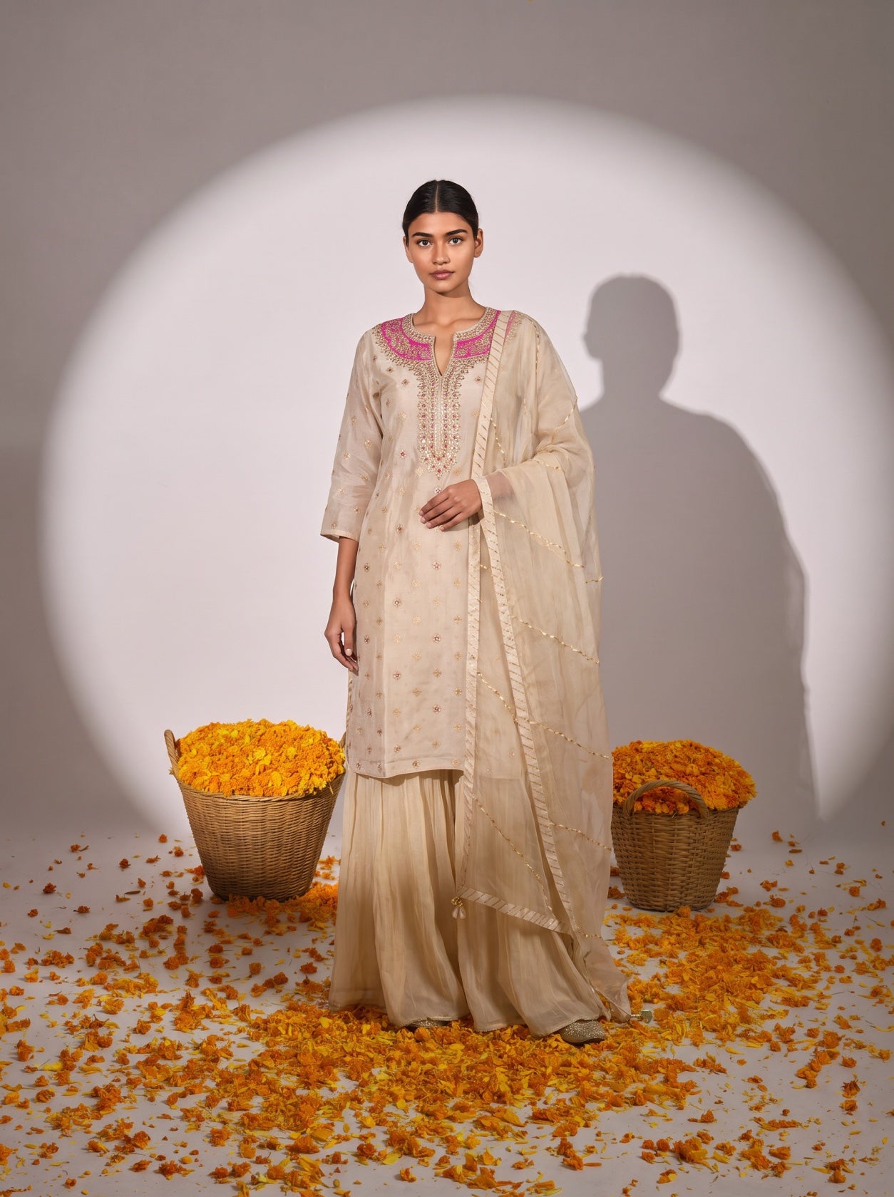 Cream Georgette Gotta Patti Festive Sharara Suit