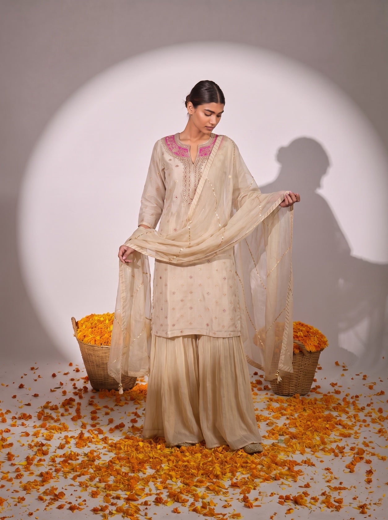 Cream Georgette Gotta Patti Festive Sharara Suit