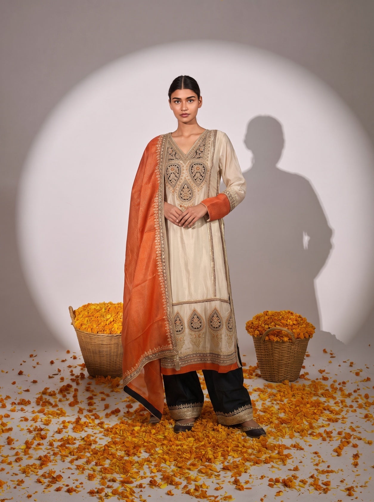Cream Tissue Silk Long Kurta With Palazzo Suit