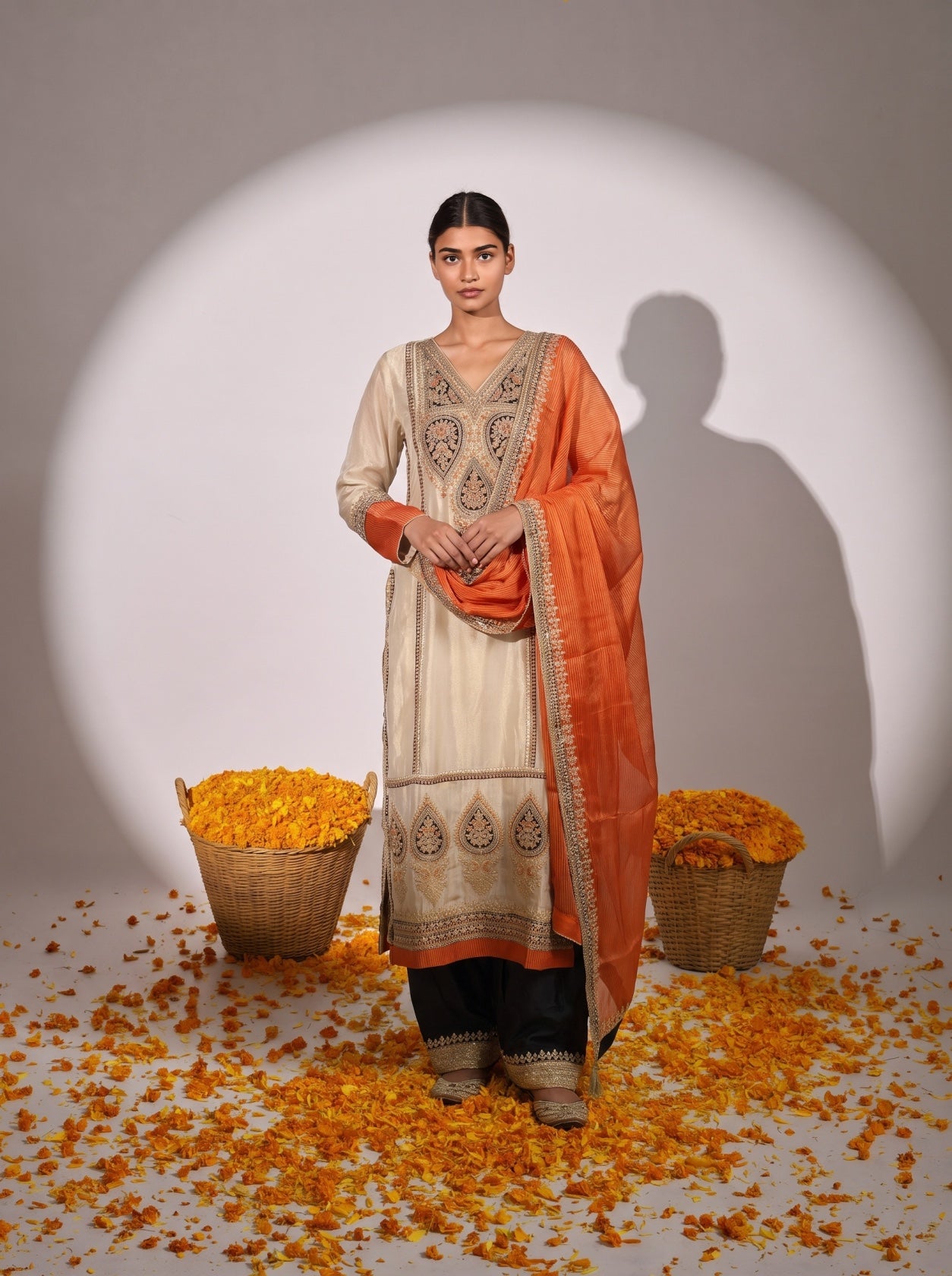 Cream Tissue Silk Long Kurta With Palazzo Suit