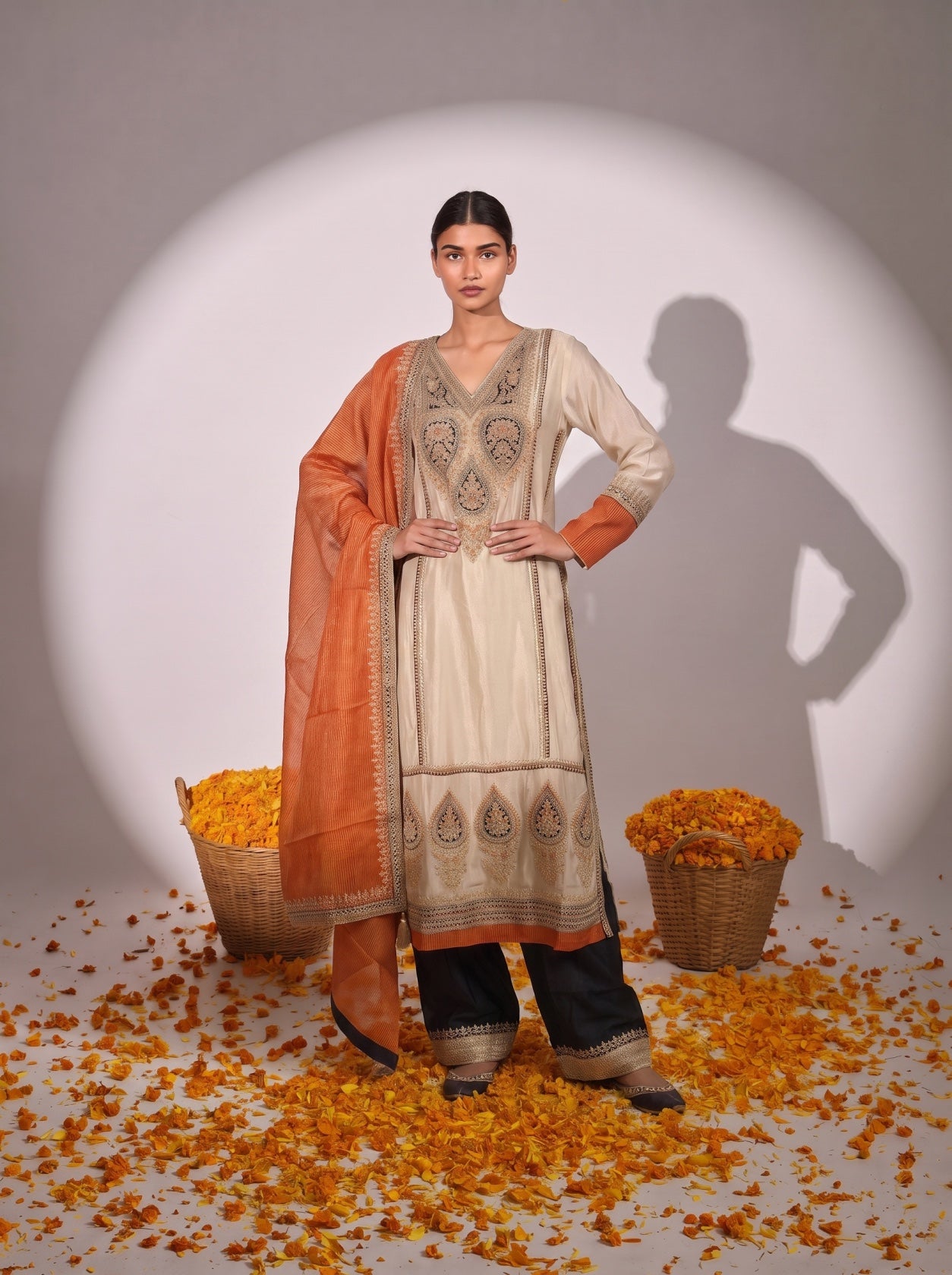 Cream Tissue Silk Long Kurta With Palazzo Suit