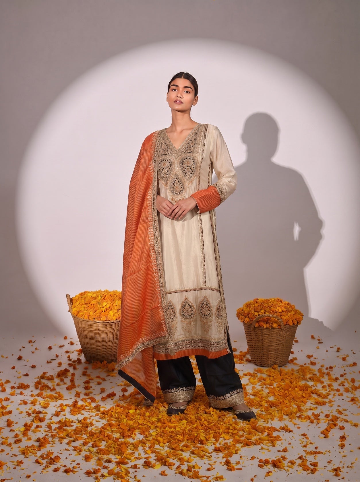 Cream Tissue Silk Long Kurta With Palazzo Suit