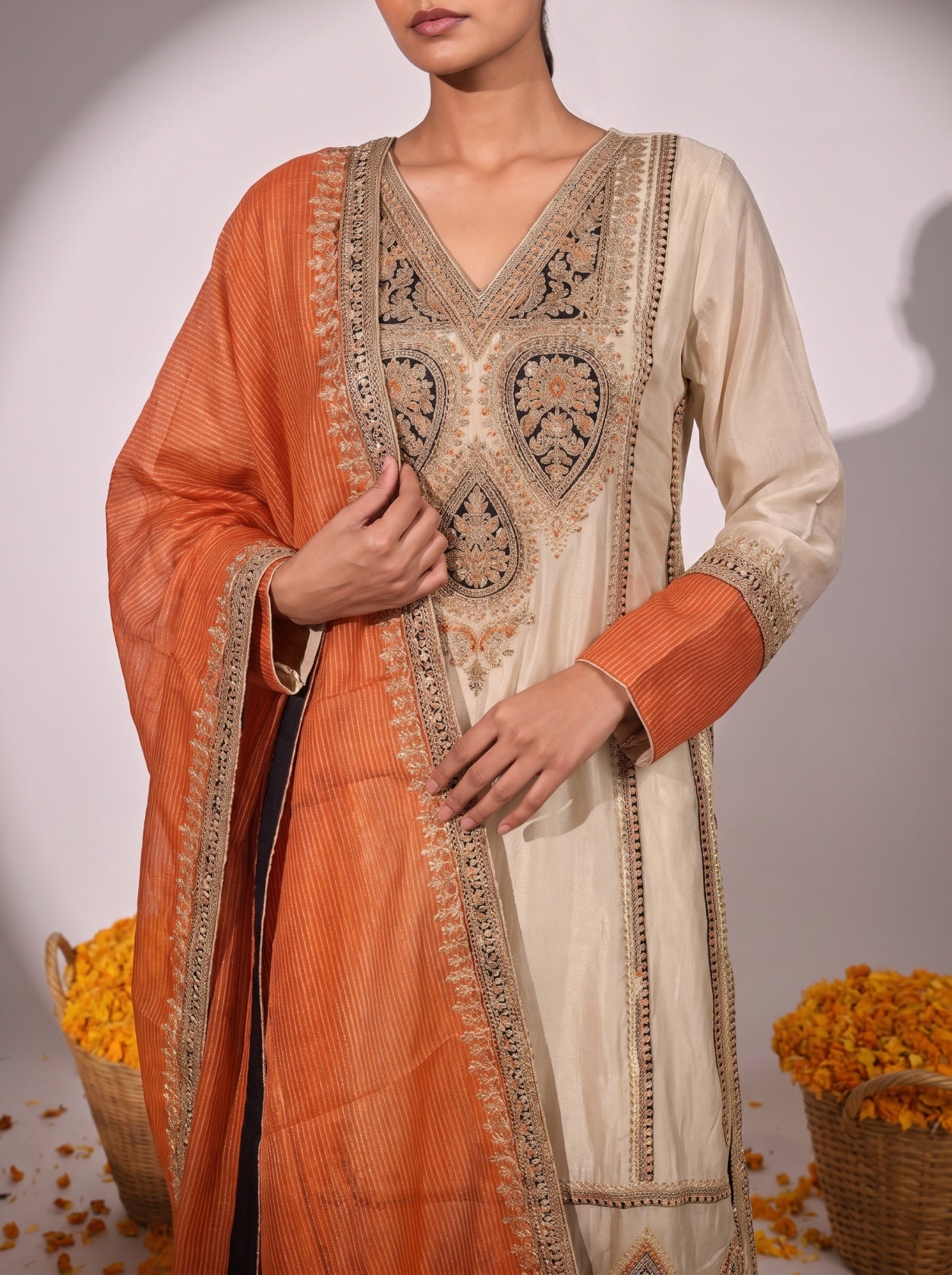 Cream Tissue Silk Long Kurta With Palazzo Suit