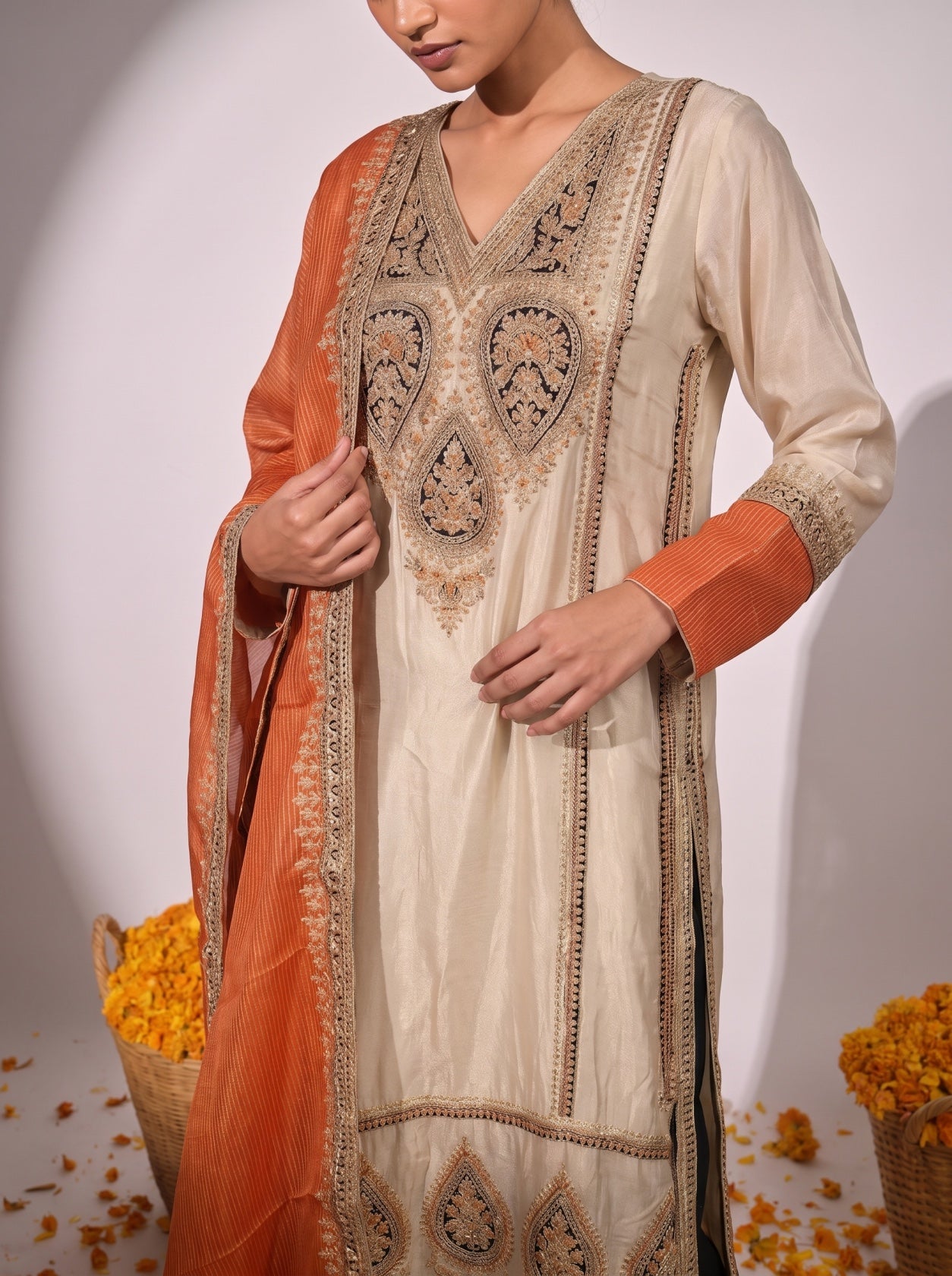 Cream Tissue Silk Long Kurta With Palazzo Suit